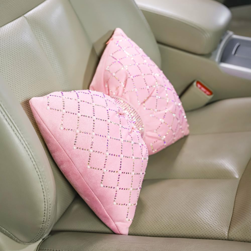 Pink Rhinestone Bow Lumbar Support Pillow - Car Seat & Home Decor Cushion for Women (1 Pack) | Perfect for Office Chairs, Sofas, and Long Drives