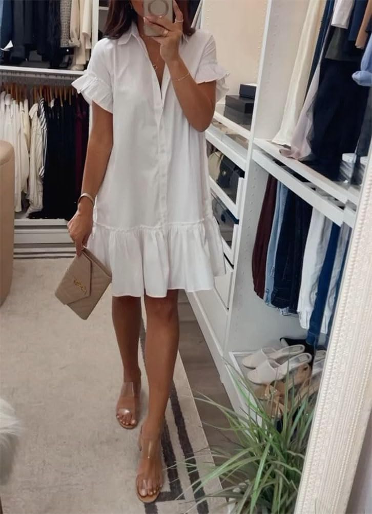 Women's Cotton Ruffle Mini Shirt Dress - Short Sleeve Button Up Shift Dress with Drop Waist | Casual Summer Outfits, Beach Cover Up, Office Wear & Date Night Dresses