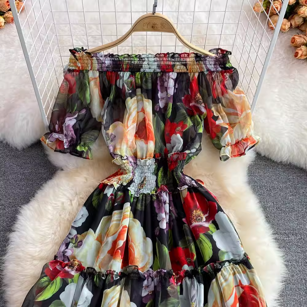 Off The Shoulder A-Line Printed Chiffon Dress for Women - Flowy Summer Party Cocktail Dress with Floral Pattern | Perfect for Beach Weddings, Date Nights & Special Occasions