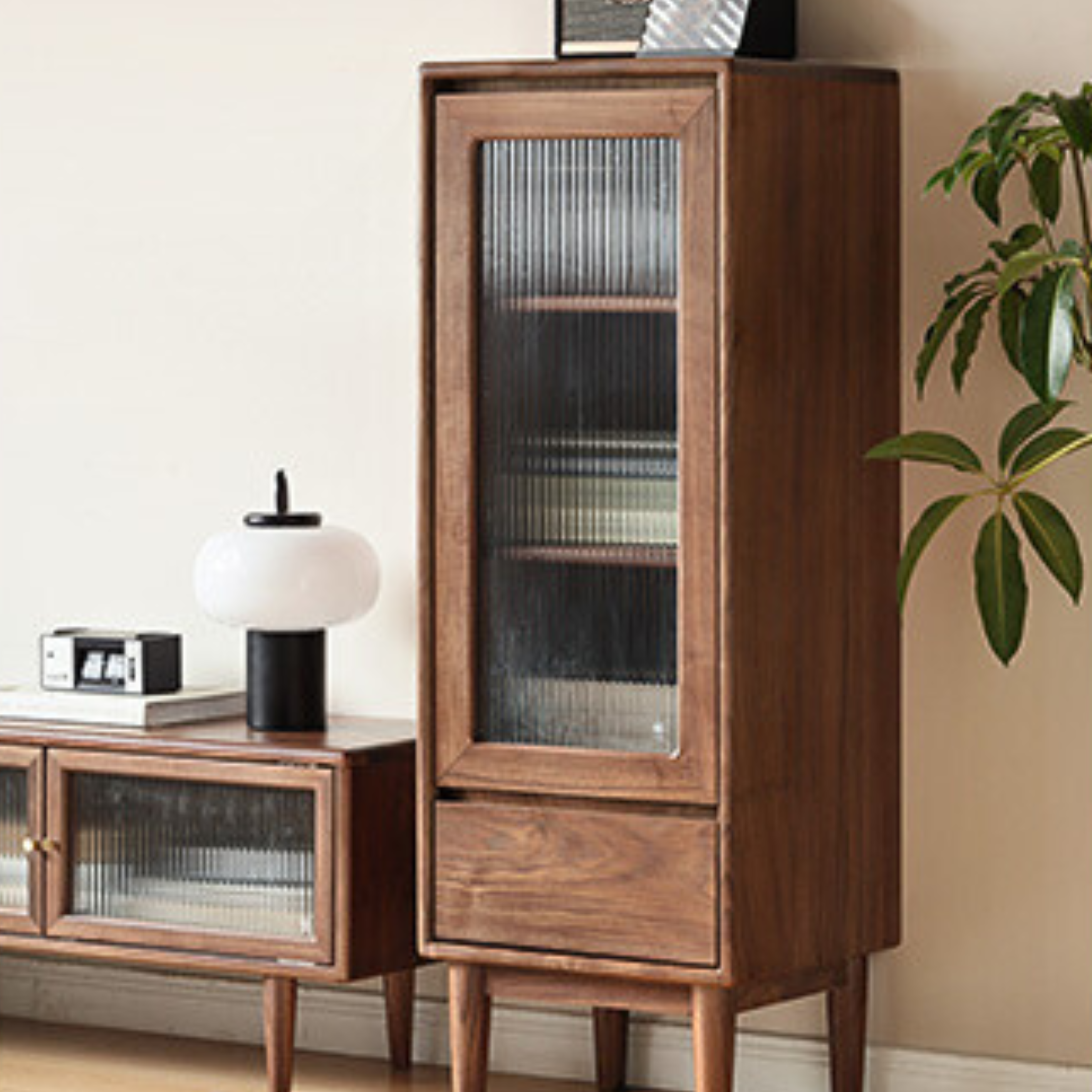 Solid Black Walnut Wood Side Cabinet - Vintage Narrow Storage Cabinet for Bedroom, Living Room & Entryway - Handcrafted Wooden Nightstand with Drawer & Shelf