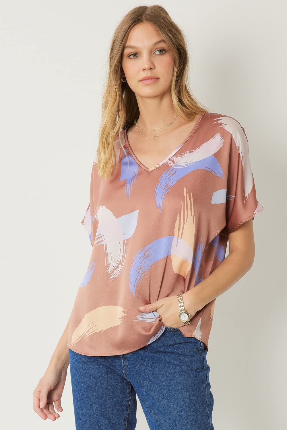 Entro Women's Abstract Print V-Neck Tunic Top - Brown | Flowy Casual Blouse for Work, Date Night & Everyday Wear