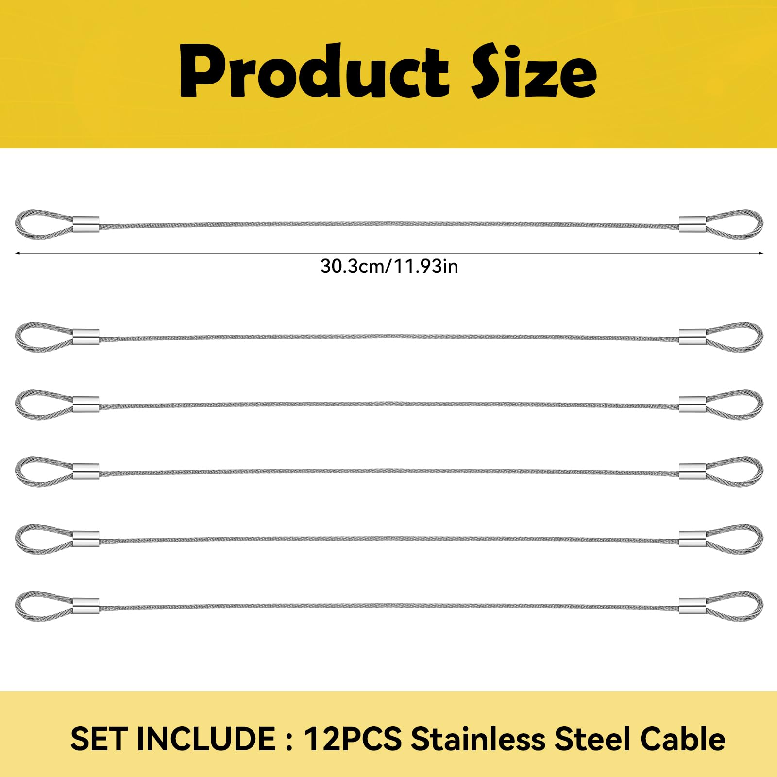 Prasacco 12-Pack Stainless Steel Security Cables with Loops - 2mm Thickness, 12 Inch Length (Silver) - Heavy Duty Safety Wire for Outdoor Gates, Luggage Locks, Bicycle Security & Home Protection