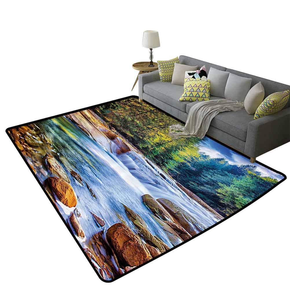 Nature Themed Kitchen Rug - Waterfall & Stones Forest Print, Non-Slip 5'x7' (150x210cm) Eco-Friendly Jade & Avocado Green - Perfect for Farmhouse, Boho Decor & Cozy Kitchen Flooring