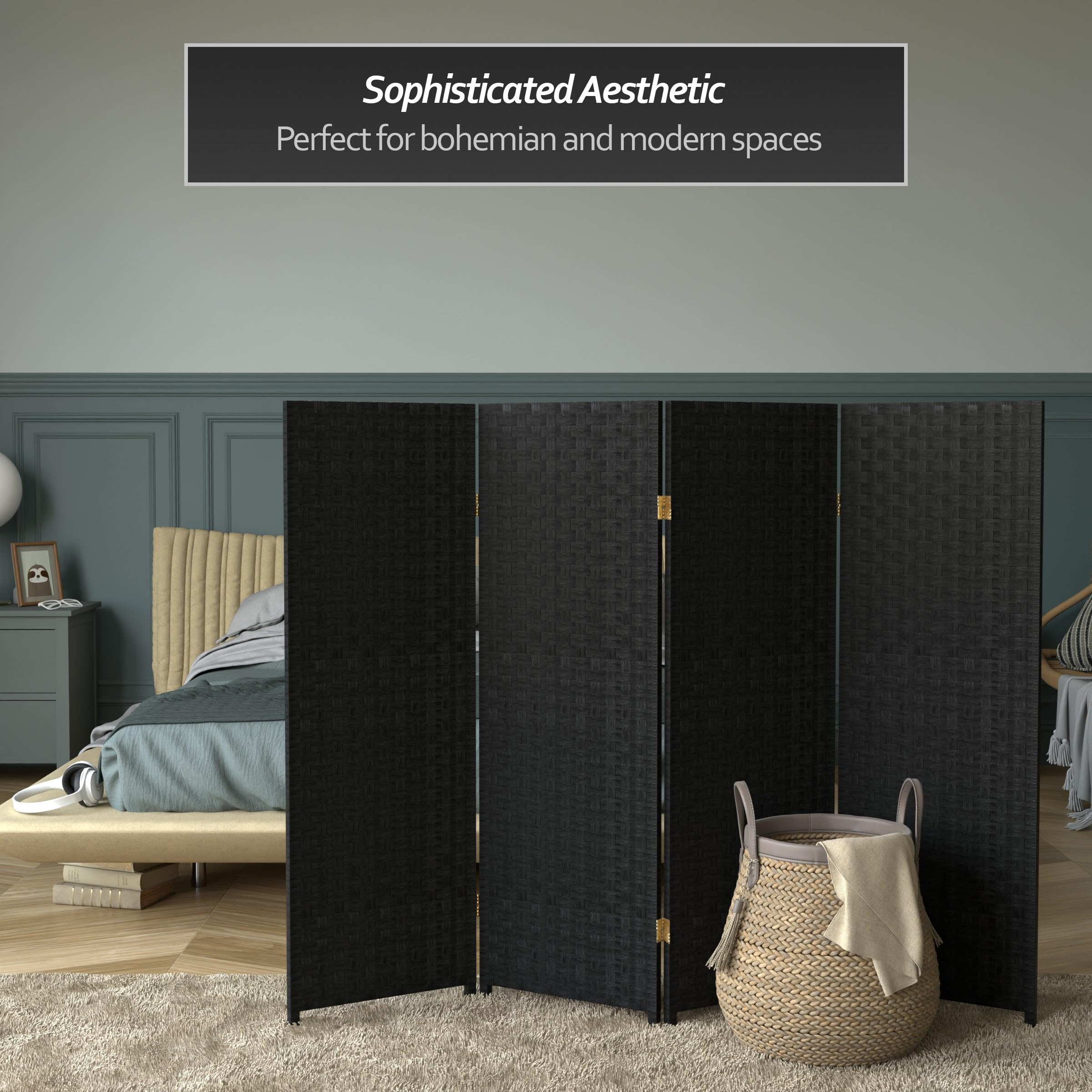 4 ft. Short Woven Fiber Folding Room Divider Screen - Black - 4 Panel Privacy Partition for Home, Office, or Studio Decor