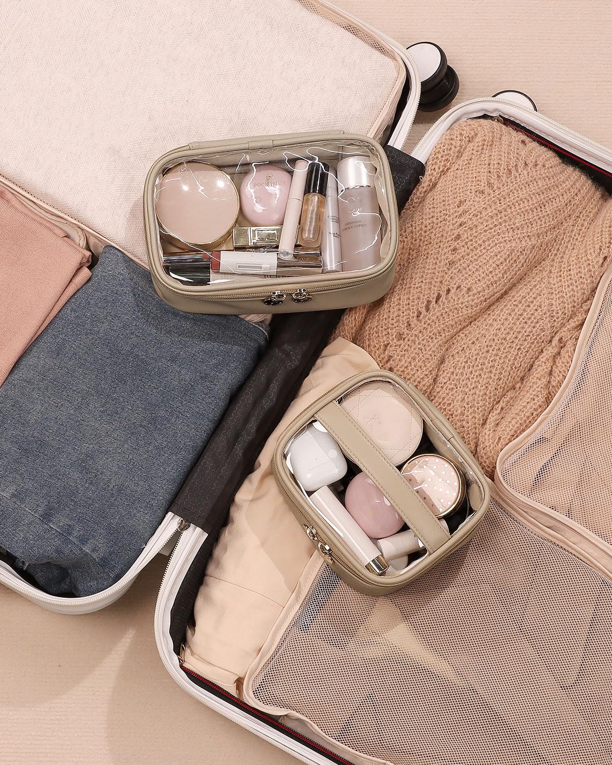 Pocmimut Clear Travel Makeup Bag for Women - Small Cosmetic Organizer with Zipper, Portable Toiletry Pouch for Makeup Brushes & Beauty Essentials - Perfect for Travel, Gym, and Daily Use (Apricot)