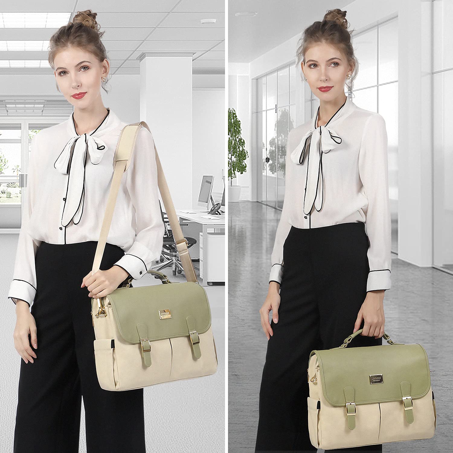 LOVEVOOK Women's Large Capacity 15.6 Inch Laptop Bag - Stylish Business Tote Briefcase & Messenger Bag for Work, Office, Travel | Cute Shoulder Purse with Laptop Sleeve | Perfect for Teachers, Professionals & Daily Commute (Black Stripe Brown)