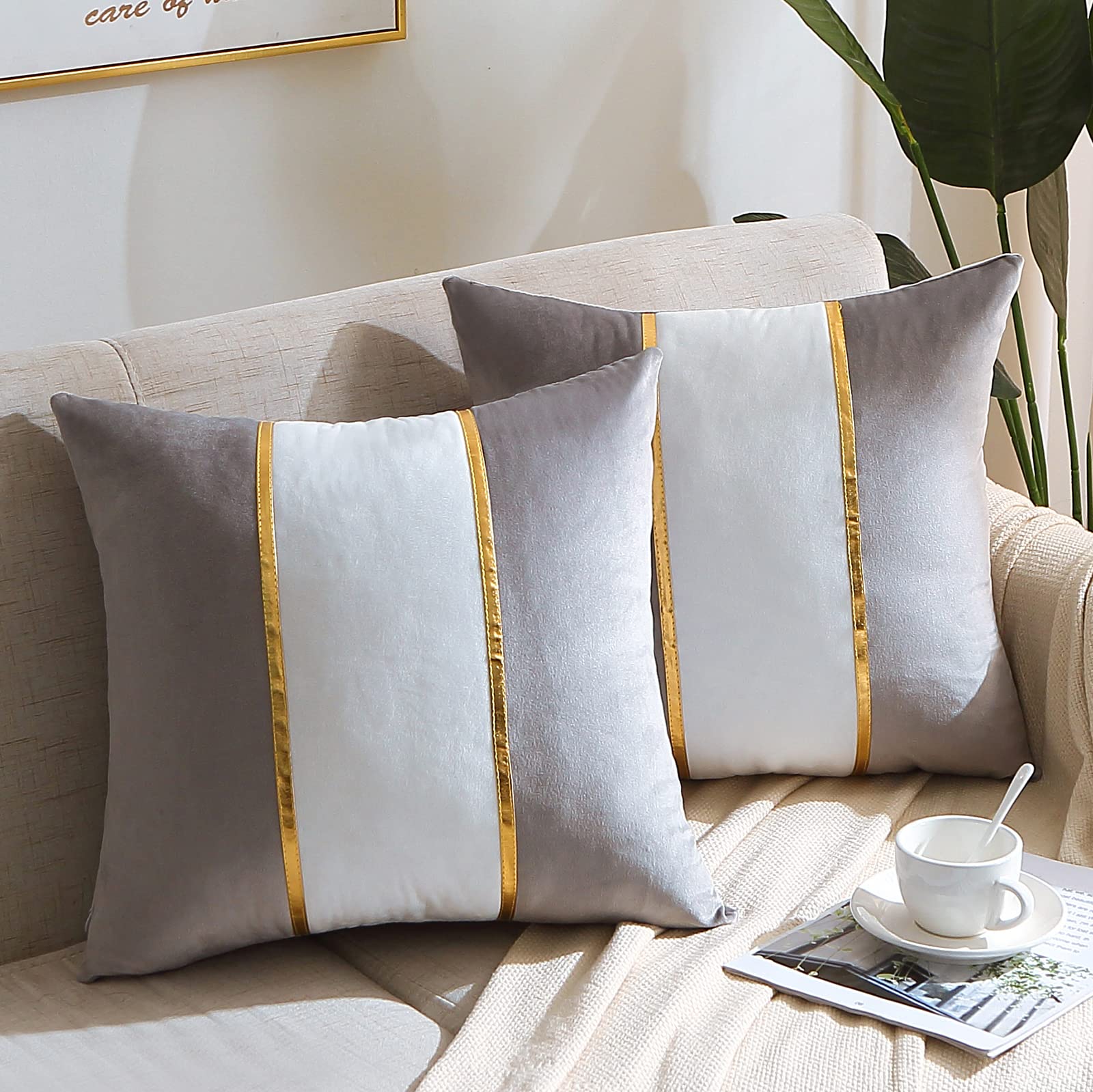 WACOMECO Soft Velvet Decorative Throw Pillow Covers 18x18 Inch - Grey and White Gold Cushion Covers for Sofa, Bedroom, Living Room, Car - Perfect for Home Decor, Cozy Comfort & Stylish Accents