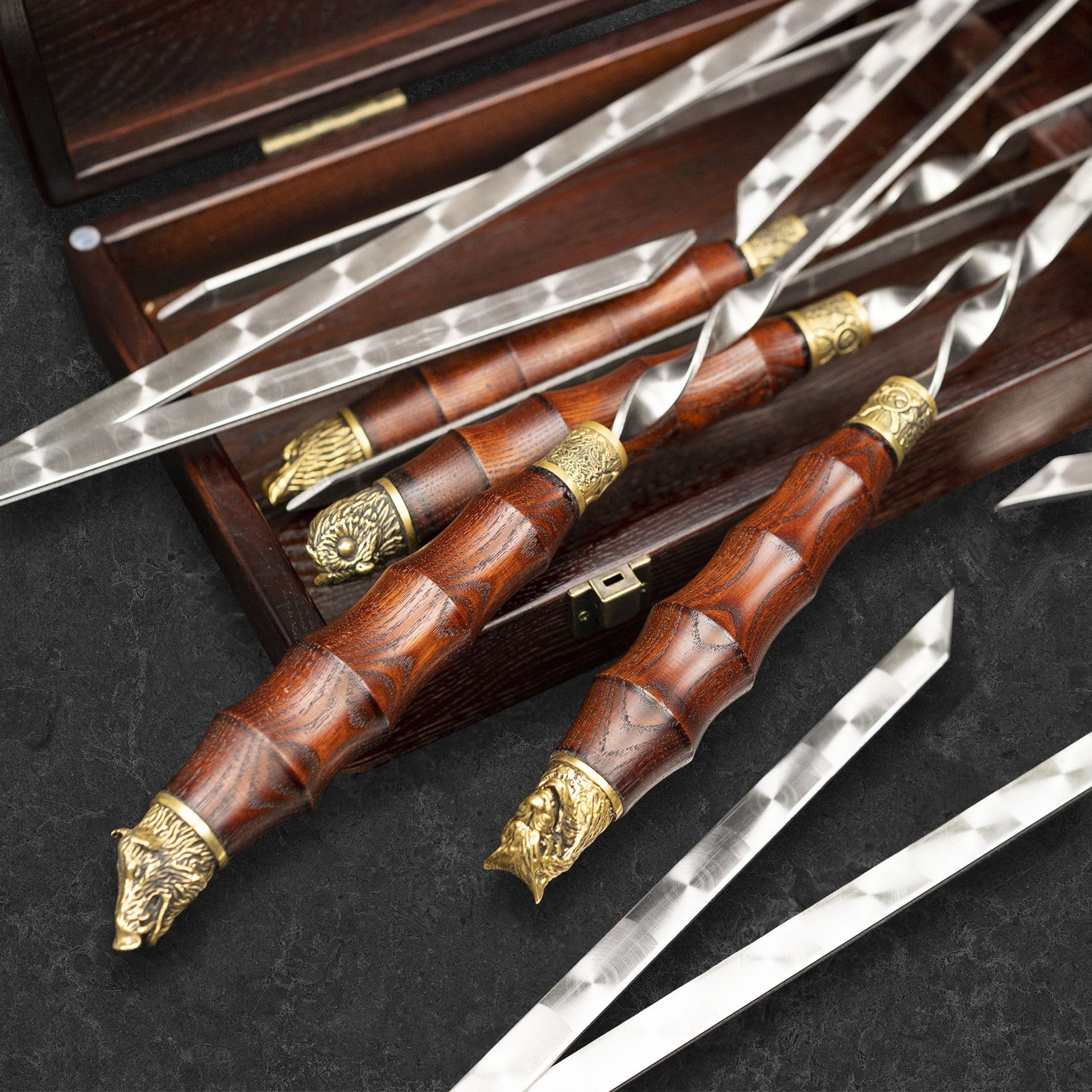 Premium Viking Skewers Set - 8-Piece Stainless Steel BBQ Skewers in Elegant Wooden Case - Perfect for Grilling, Camping, and Outdoor Cooking Parties
