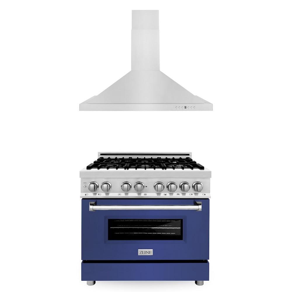 ZLINE 36 Inch Stainless Steel Dual Fuel Range with Blue Matte Door & Convertible Vent Hood - Professional Kitchen Package (2KP RABMRH36) | Perfect for Home Chefs & Modern Kitchens
