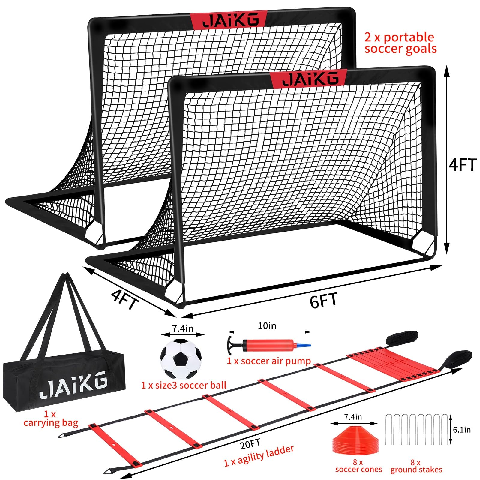Portable Pop Up Soccer Goals for Kids - 2 Pack (4x3ft & 6x4ft) with Adjustable Agility Ladder, Soccer Ball & 8 Cones - Perfect for Backyard Soccer Training, Youth Practice & Team Drills - Great for Outdoor Games, Birthday Parties, PE Classes & Family Activities - Ideal for Backyard Fun, Soccer Drills, School Sports & Summer Camp Activities