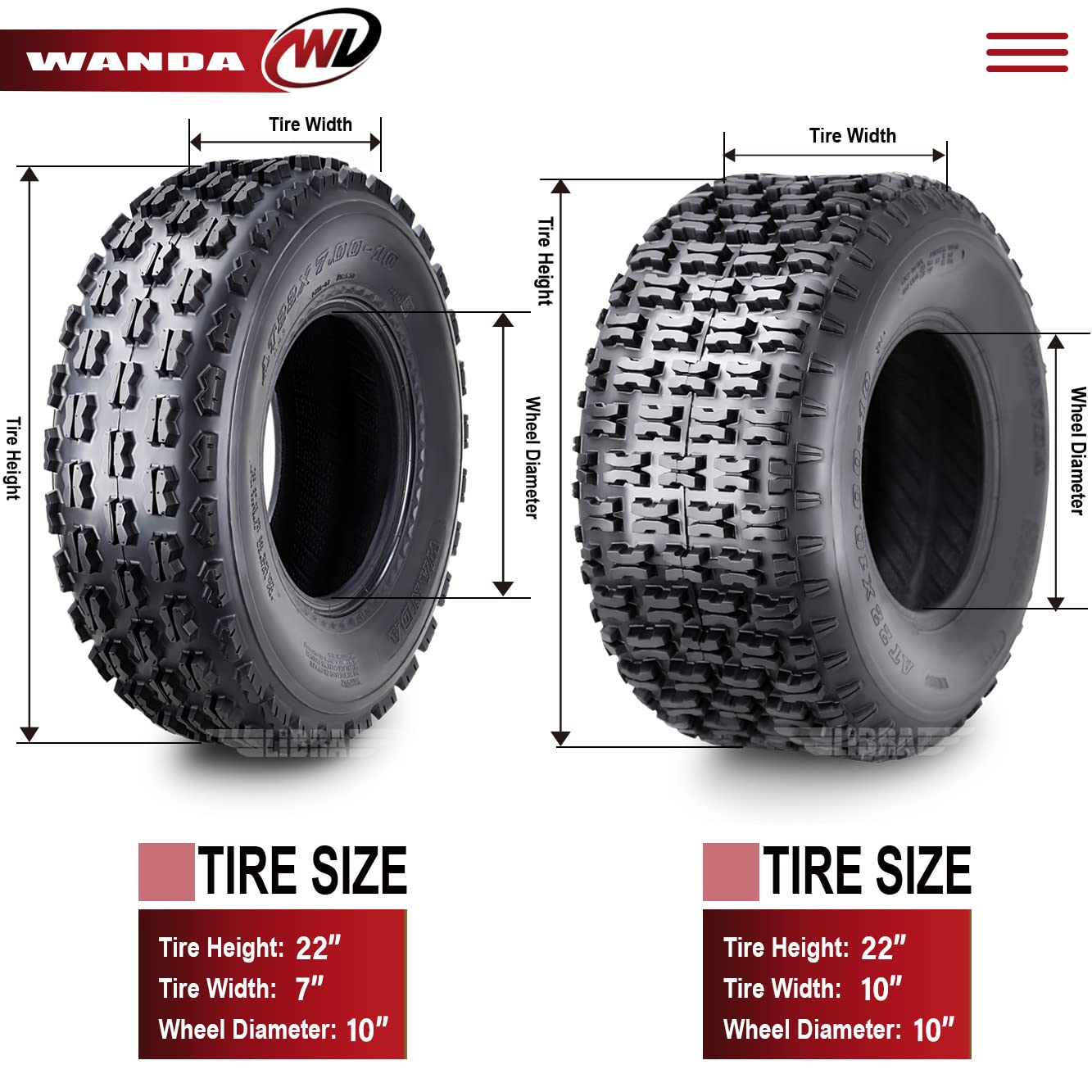**WANDA 22x7-10 & 22x10-10 ATV Tires Complete Set for Yamaha Big Bear 250 & Bruin 250 Sport - Durable Off-Road & Trail Riding**