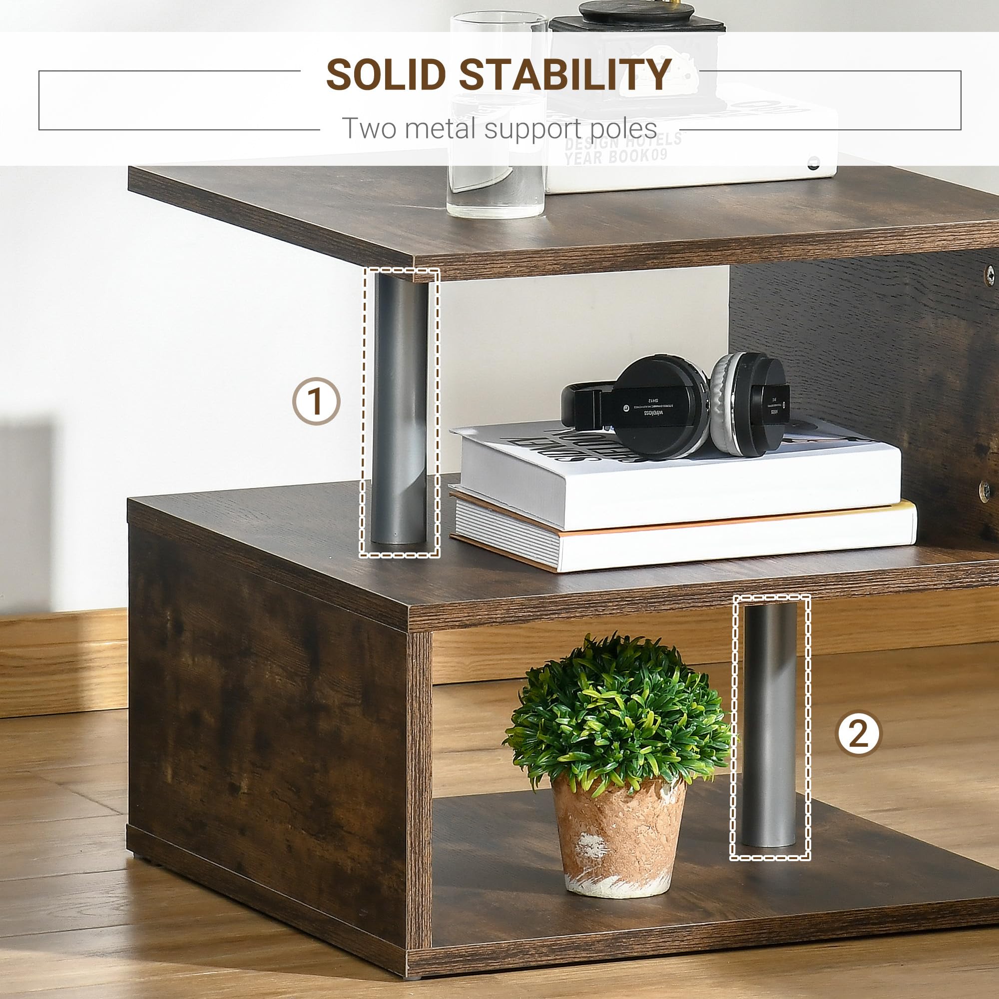 HOMCOM 3-Tier Industrial S-Shaped Side Table with Open Storage Shelf - Small End Table or Coffee Table for Living Room, Bedroom, Office - Perfect for Holding Books, Plants & Decor