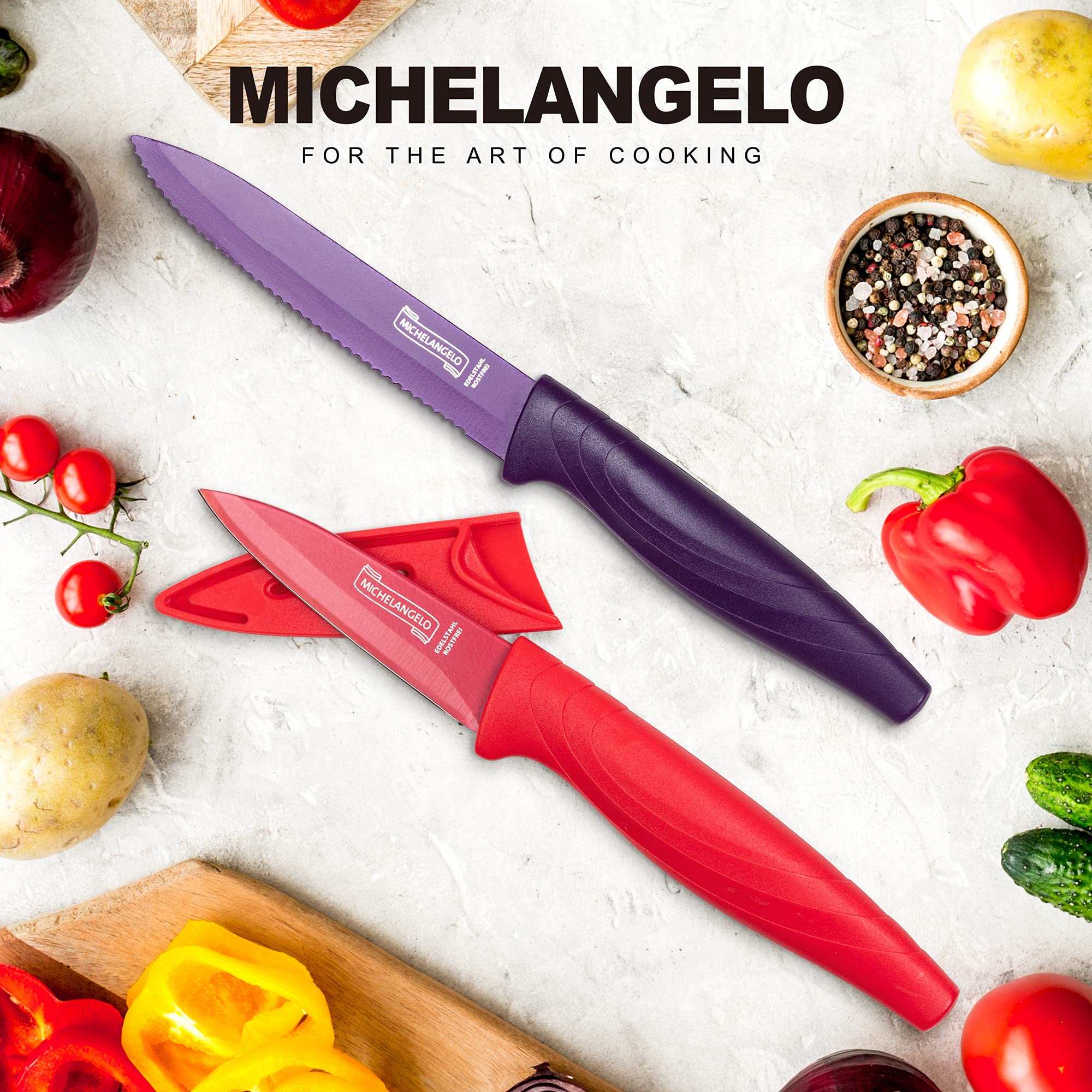 MICHELANGELO 10-Piece Rainbow Kitchen Knife Set - High Carbon Stainless Steel Knives with Blade Covers - Dishwasher Safe Colorful Chef Knife Collection for Cooking, Slicing & Food Prep - Perfect for Home Chefs & Professional Kitchens