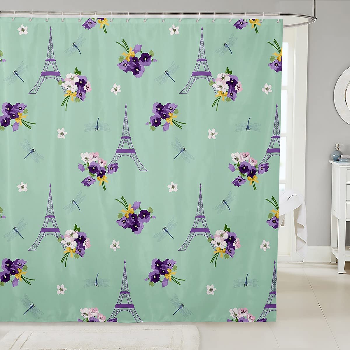Eiffel Tower Printed Bathroom Set - Paris Floral Shower Curtain with Dragonfly Decor for Women & Couples, 72x72 Inch Romantic Bathroom Accessories - Perfect for Valentine's Day Gifts & Paris-Themed Bathroom Decor