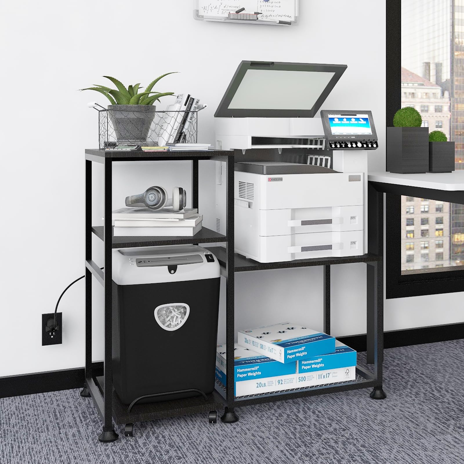 Natwind Printer and Shredder Stand with Power Outlet - Heavy Duty Ergonomic Workstation Organizer for Home Office, Black - Perfect for Desk Organization & Cable Management