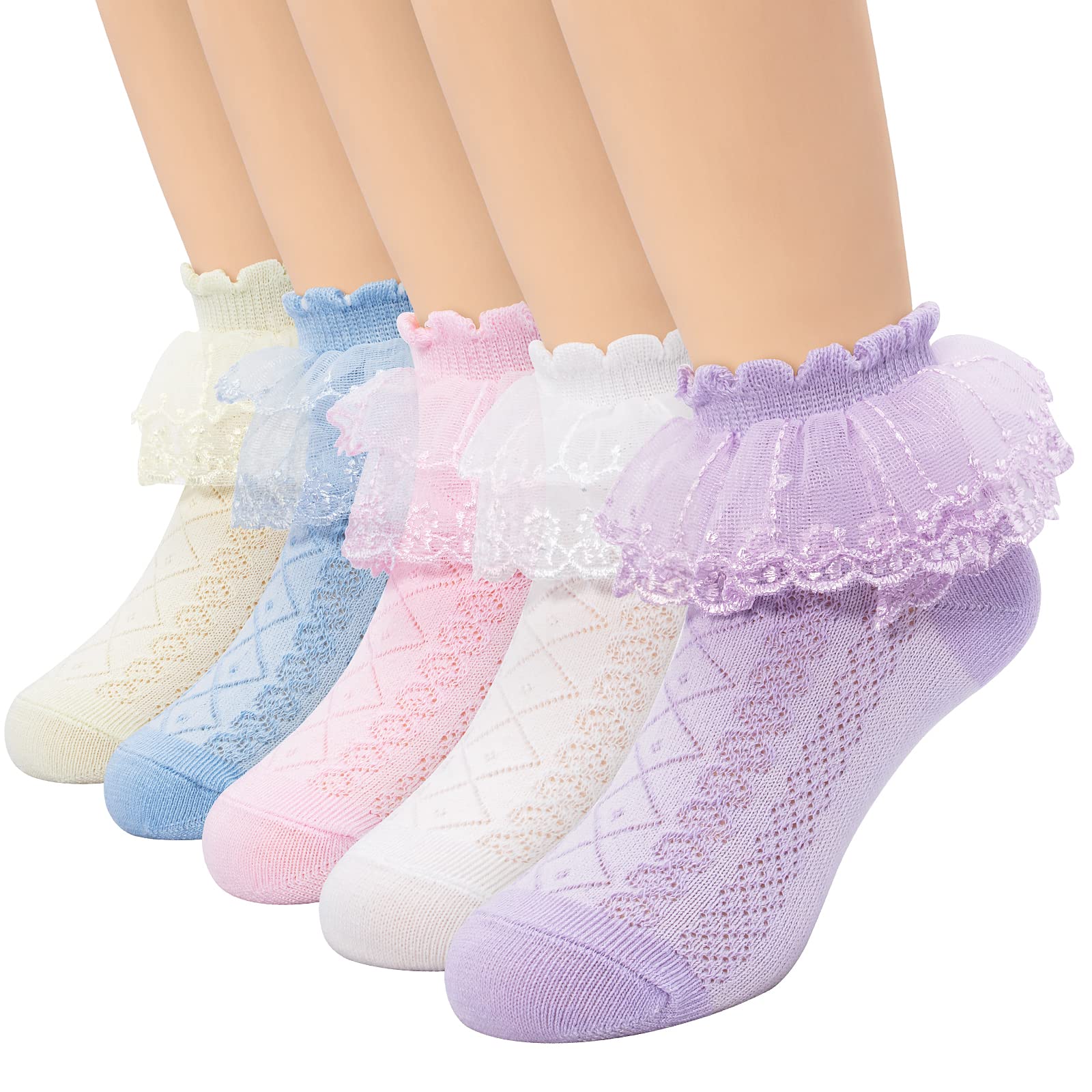 Looching 5 Pairs Toddler Baby Girls Ruffle Lace Socks - Breathable Eyelet Mesh Cotton Frilly Ankle Socks for 2-13T - Soft Dress Socks for Princess Outfits, Party & Special Occasions