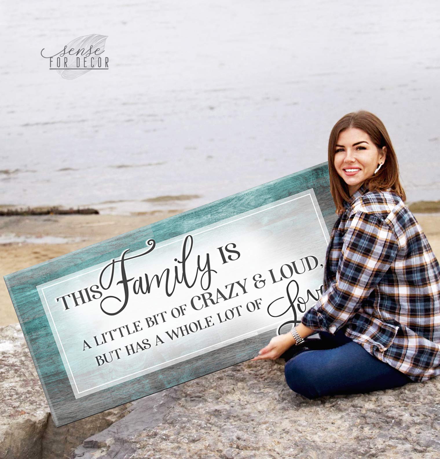 Family Sign Wall Art - Large Canvas Home Decor for Living Room & Farmhouse - 'This Family Is A Little Bit Crazy' Teal Print (42x19 Inches) | Perfect for Housewarming Gifts & Rustic Interior Design