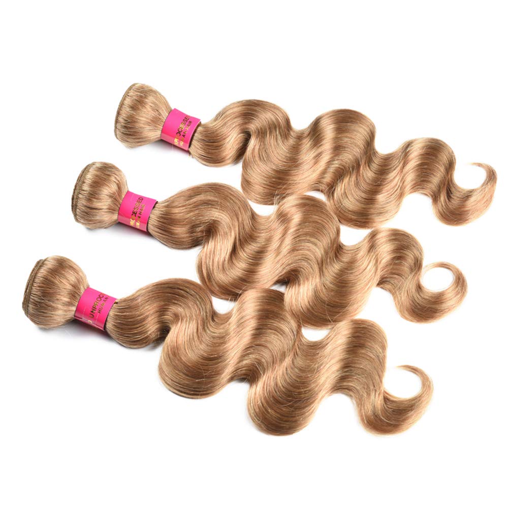 WOME Honey Blonde Hair Weave Bundles - 100% Virgin Peruvian Human Hair #27 Body Wave 8A Grade Unprocessed Remy Hair Extensions (10 12 14 Inch) for Natural Look & Styling - Perfect for Daily Wear, Parties & Special Occasions