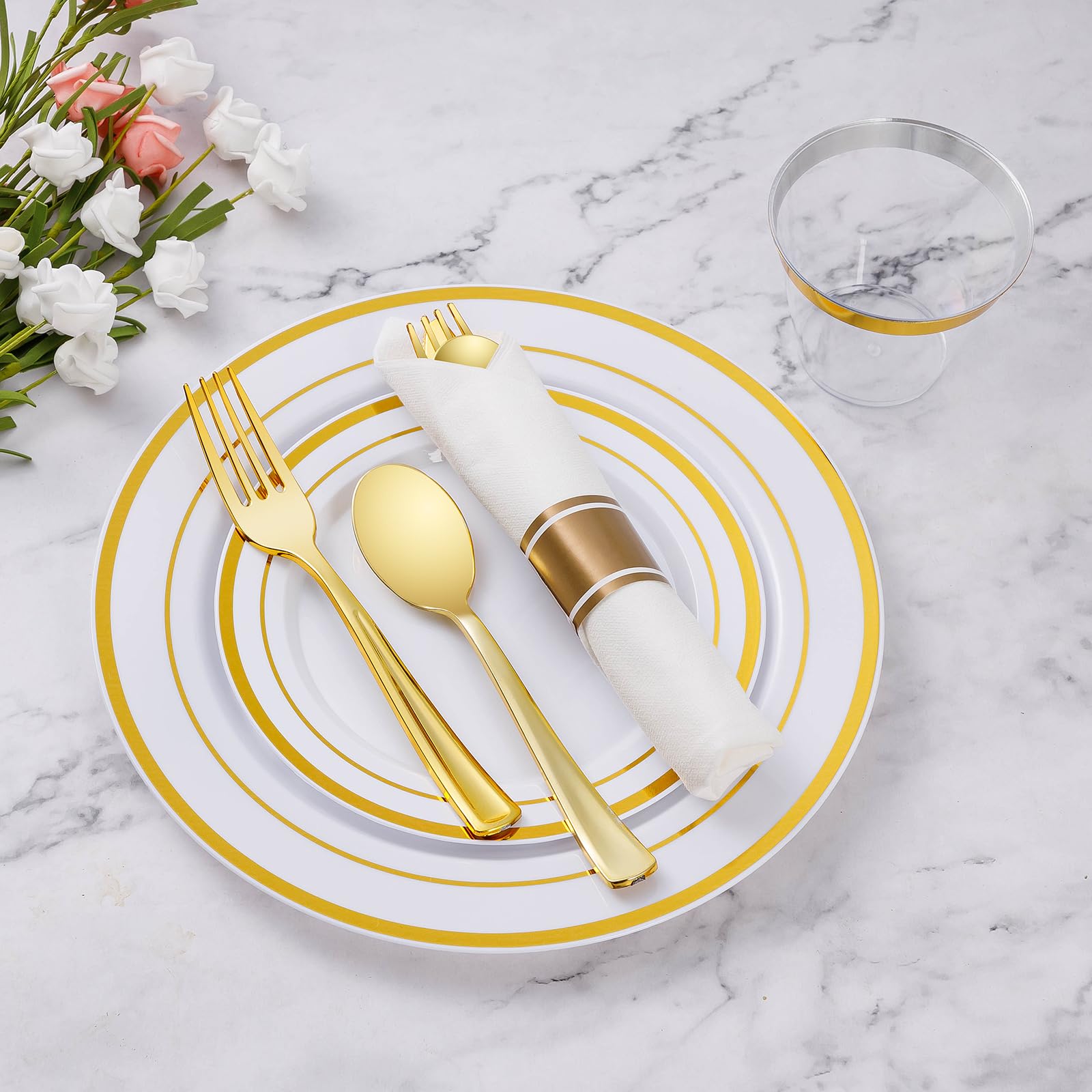 Goodluck 350-Piece Gold Plastic Dinnerware Set for 50 Guests - Elegant Disposable Plates, Cups & Silverware for Parties, Weddings & Events | Includes 50 Dinner Plates, 50 Dessert Plates, 50 Pre-Rolled Napkins & 50 Cups