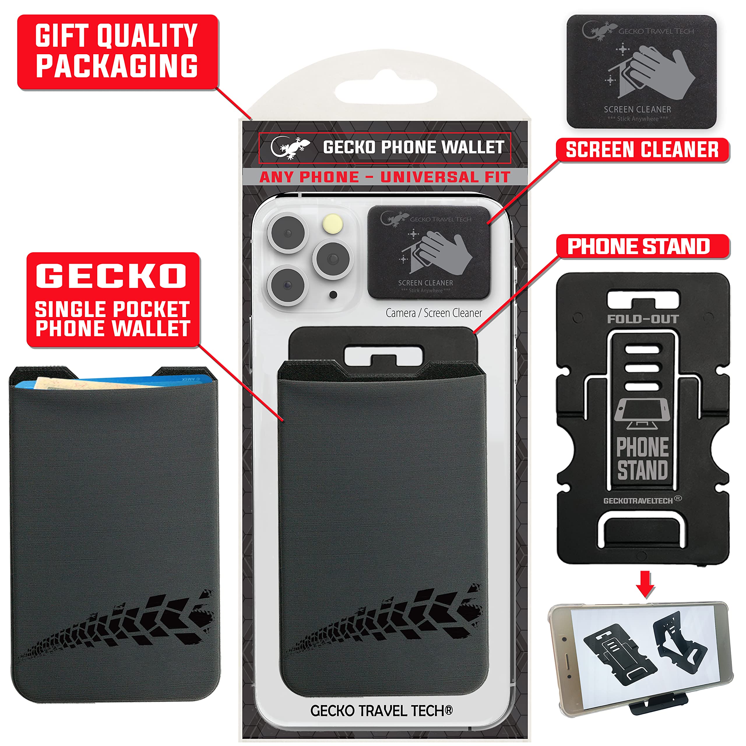 Gecko Stick-On Phone Wallet - Slim Adhesive Card Holder for Credit Cards & Cash - Secure Lycra Pouch for iPhone & Android - Perfect for Gym, Travel & Everyday Use