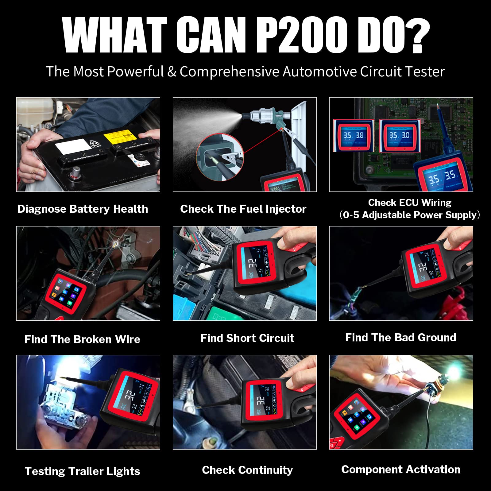 **P200 Power Circuit Probe Kit - Automotive Electrical Tester with 9-30V Range, Multimeter, Relay & Fuel Injector Test, Oscilloscope Mode (2024 Online Update) - Perfect for DIY Car Repairs & Professional Diagnostics**