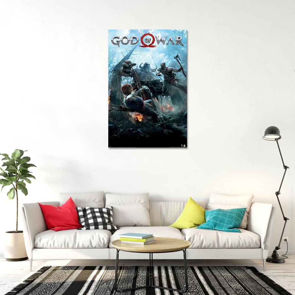 God of War Video Game Poster - 24x36 Inches Framed Wall Art with Black Hanger - Perfect for Gaming Room Decor & Man Cave Wall Decor