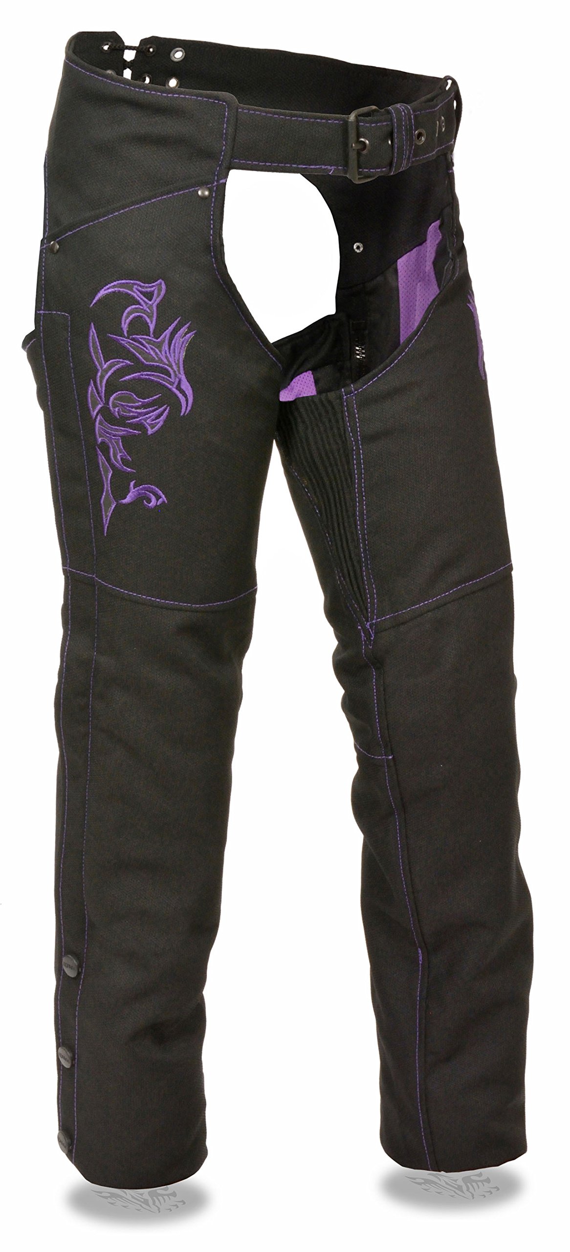 Milwaukee Leather Women's Motorcycle Chaps - Purple Tribal Embroidery & Reflective Safety Stitching | Durable Textile Biker Gear for Riding & Outdoor Adventures