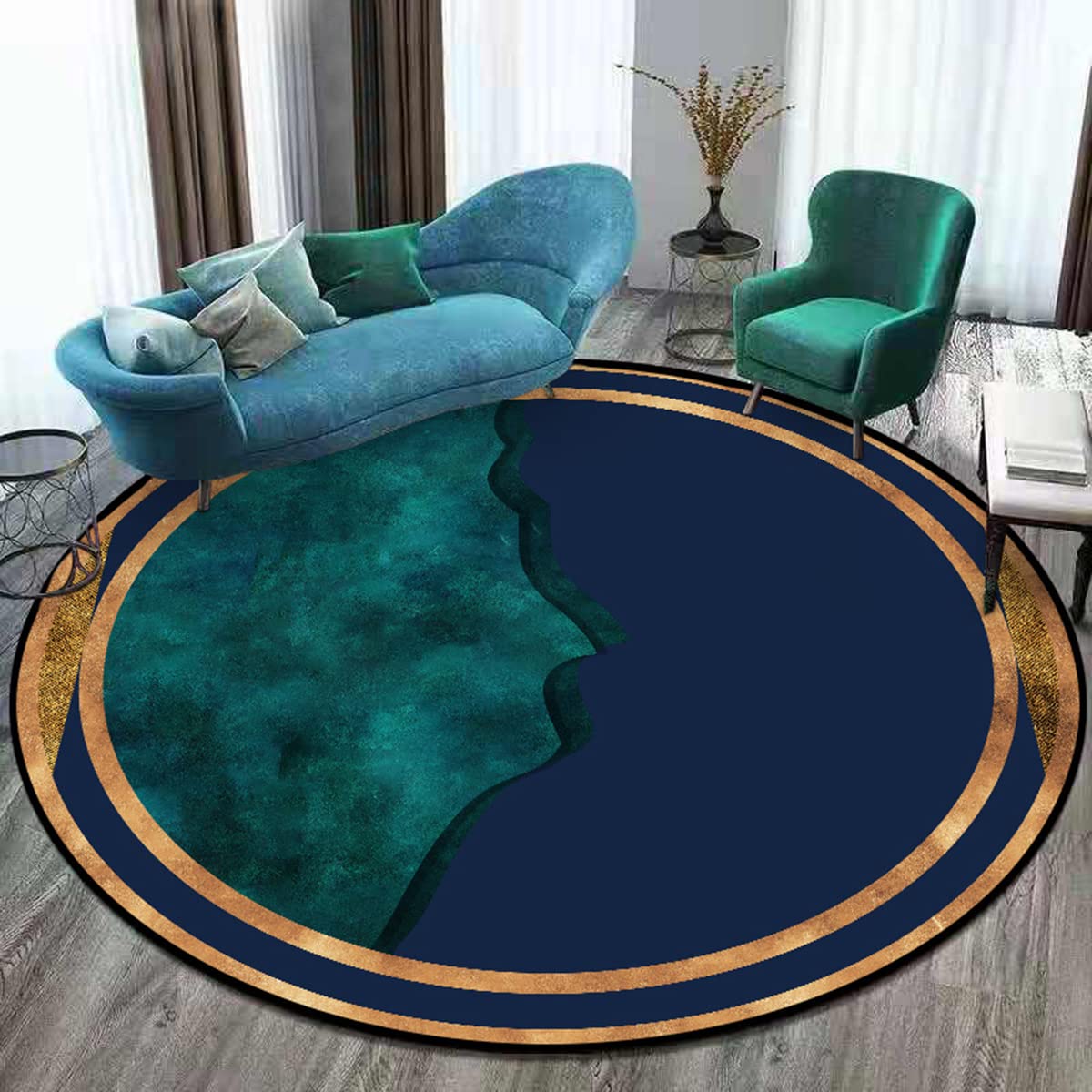 Modern Abstract Marble Round Area Rug - 6ft Emerald Green & Navy Pattern with Metallic Gold Border - Perfect for Living Room, Dining Room, Bedroom & Classroom Decor