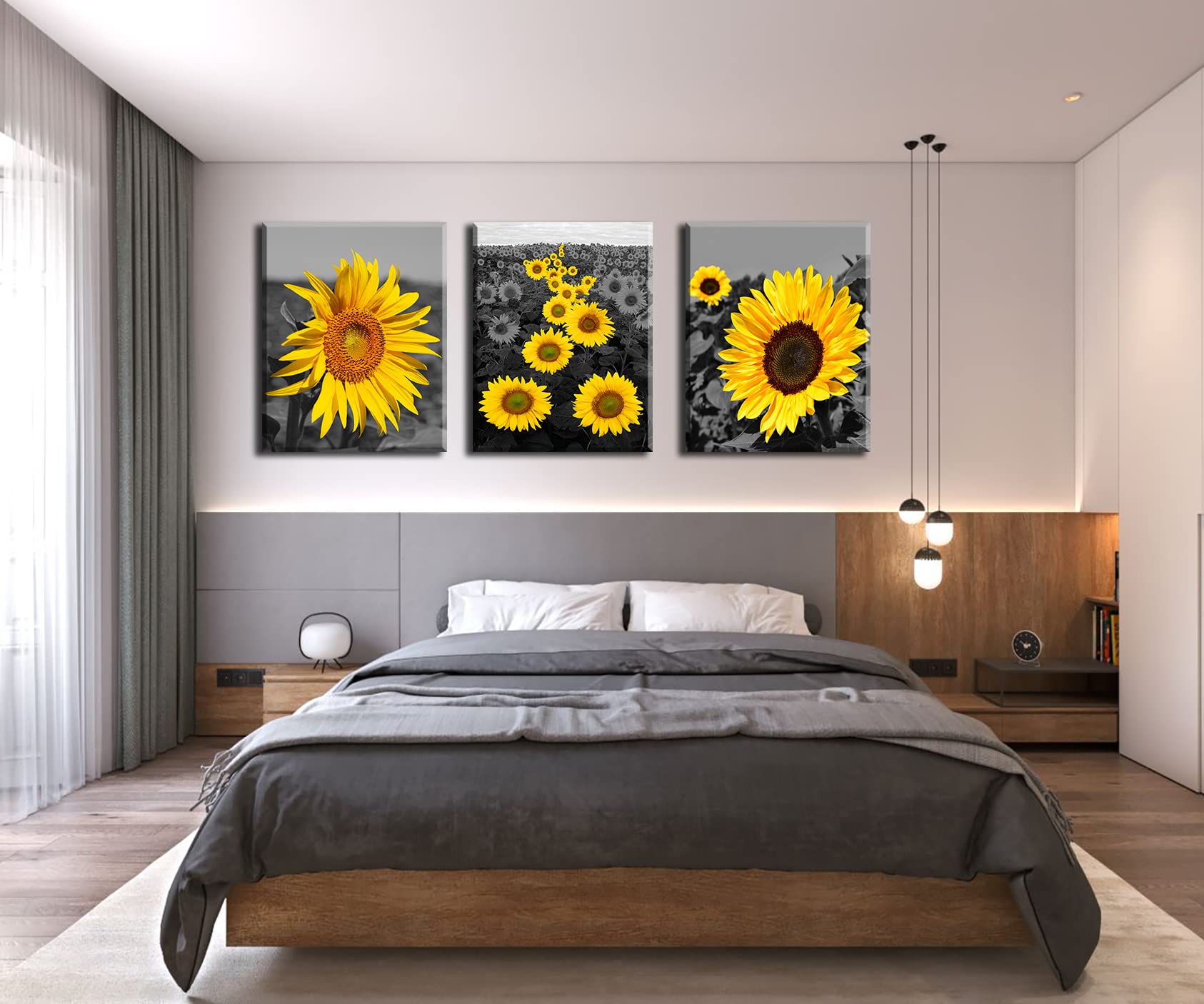 Sunflower Wall Art Canvas Prints - Black & Yellow Framed Paintings 12x16 Inch, Set of 3 | Ready to Hang Home Decor for Kitchen, Bathroom & Living Room | Perfect for Farmhouse, Boho & Modern Interior Design