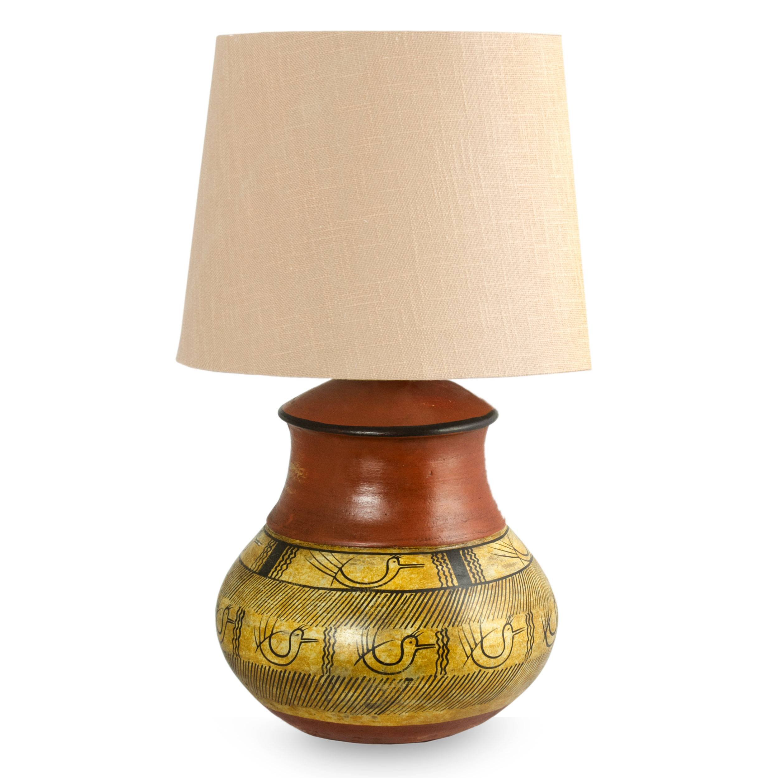 NOVICA Handcrafted Tarahumara Mystery Ceramic Table Lamp - Brown & Yellow Animal Design for Living Room, Bedroom, or Office Decor