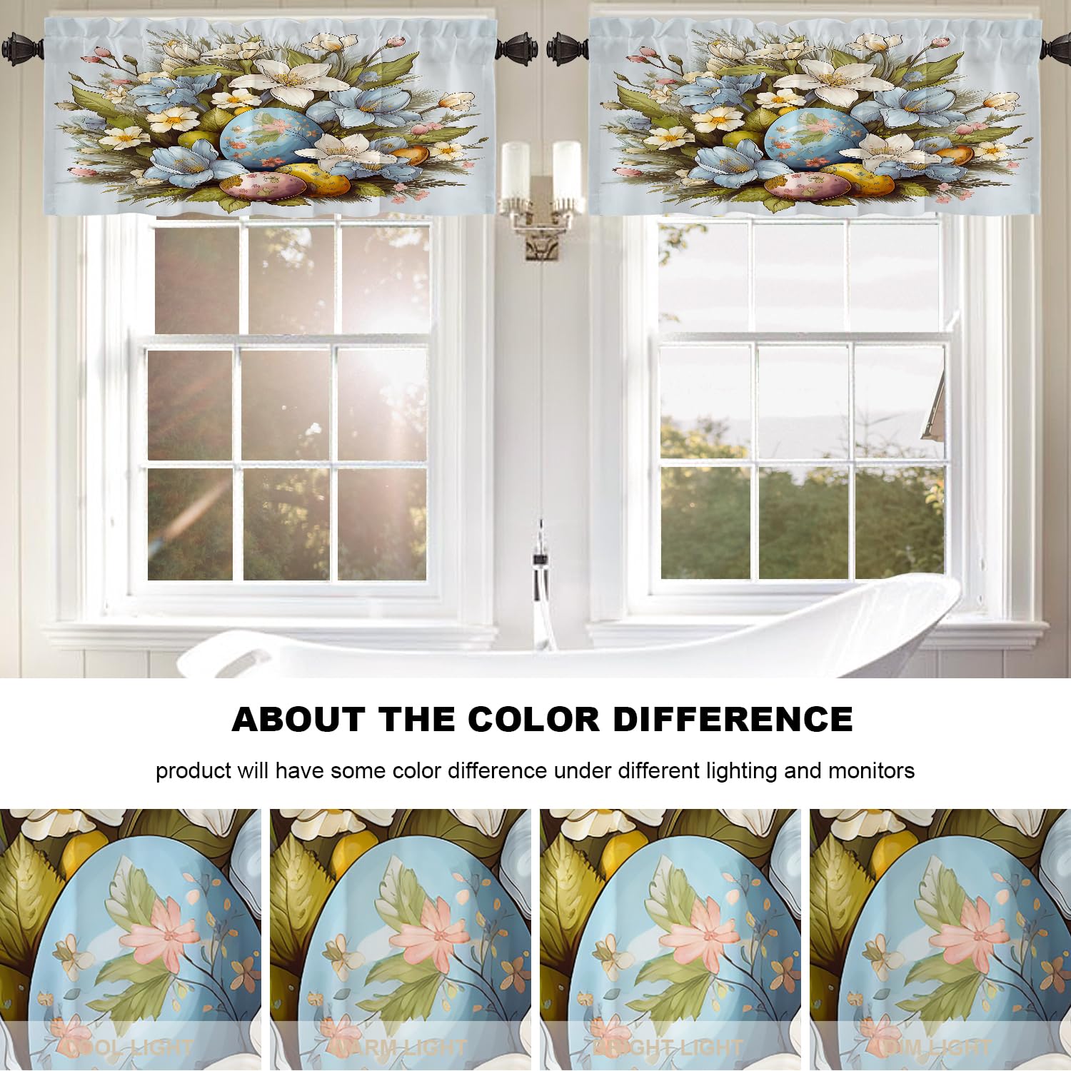 Floral & Egg Print Kitchen Valances - 2 Pack Blackout Window Curtains 52x18 Inches, Multi-Layer Polyester Drapes for Kitchen & Bedroom - Perfect for Farmhouse Decor & Sun Protection