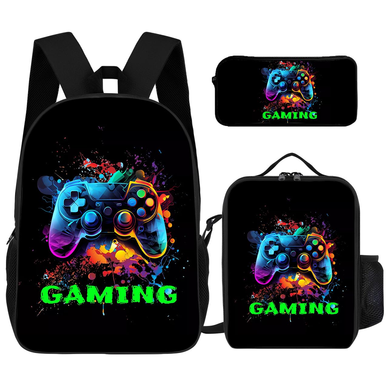 3-Piece Kids Backpack Set for School & Travel - Includes Backpack, Lunch Box & Pencil Case (Gaming Design) - Perfect for Elementary Students, Day Trips & Outdoor Adventures