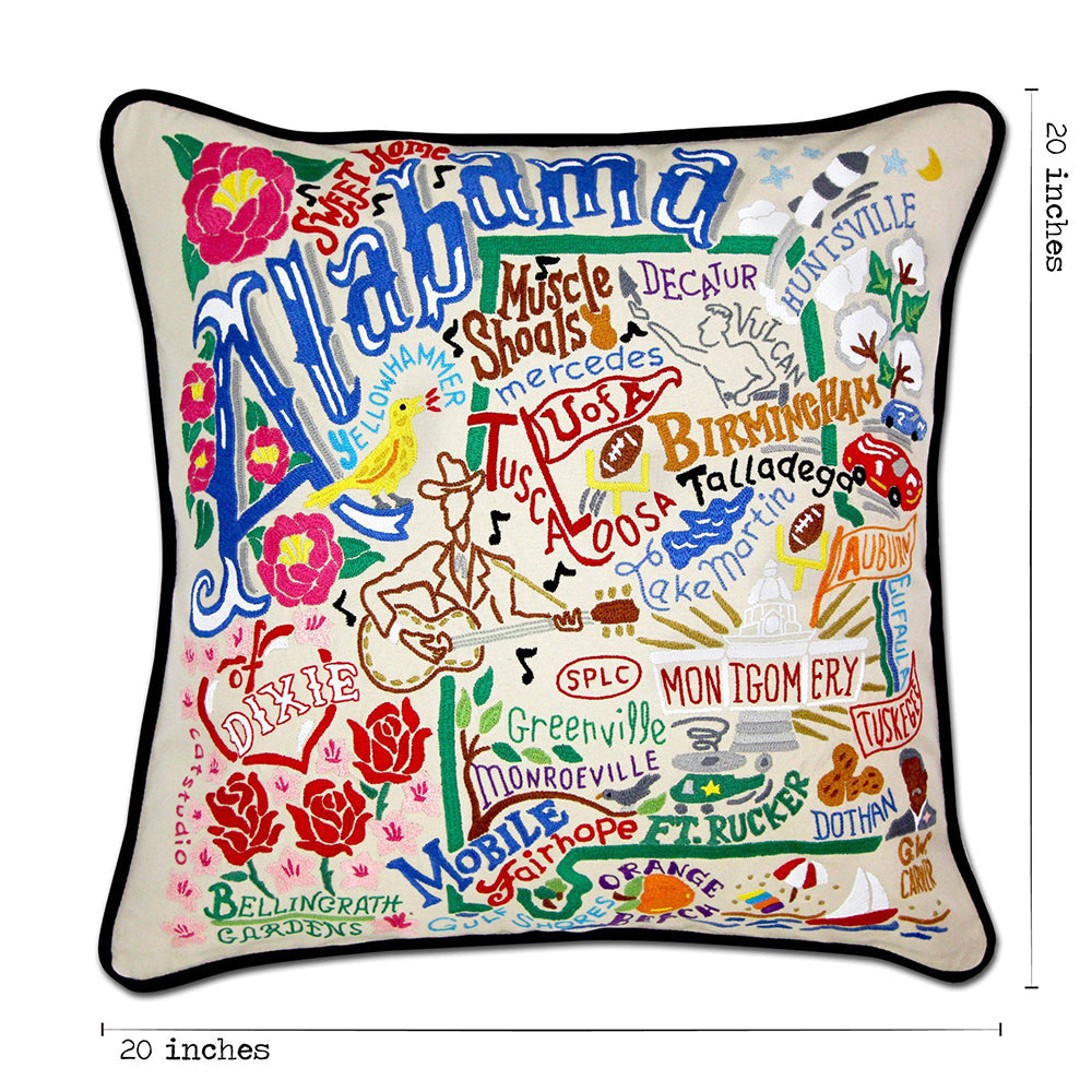 Hand Embroidered Decorative Throw Pillow Cover - Alabama State Design - Southern Home Decor for Living Room, Bedroom, or Porch