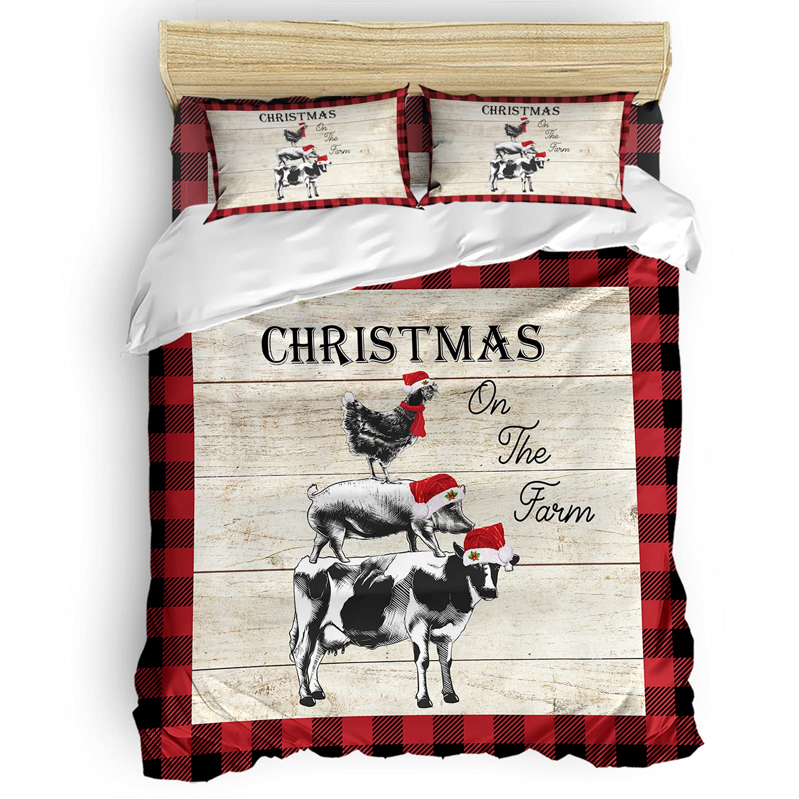 Farmhouse Christmas Duvet Cover Set 4-Piece Queen Size - Soft Buffalo Check Cow Pig Chicken Print Bedding for Kids, Teens & Adults - Cozy Holiday Bed Sheets, Duvet Cover, Flat Sheet & Pillowcases - Perfect for Farmhouse Decor, Winter Bedroom & Christmas Gift