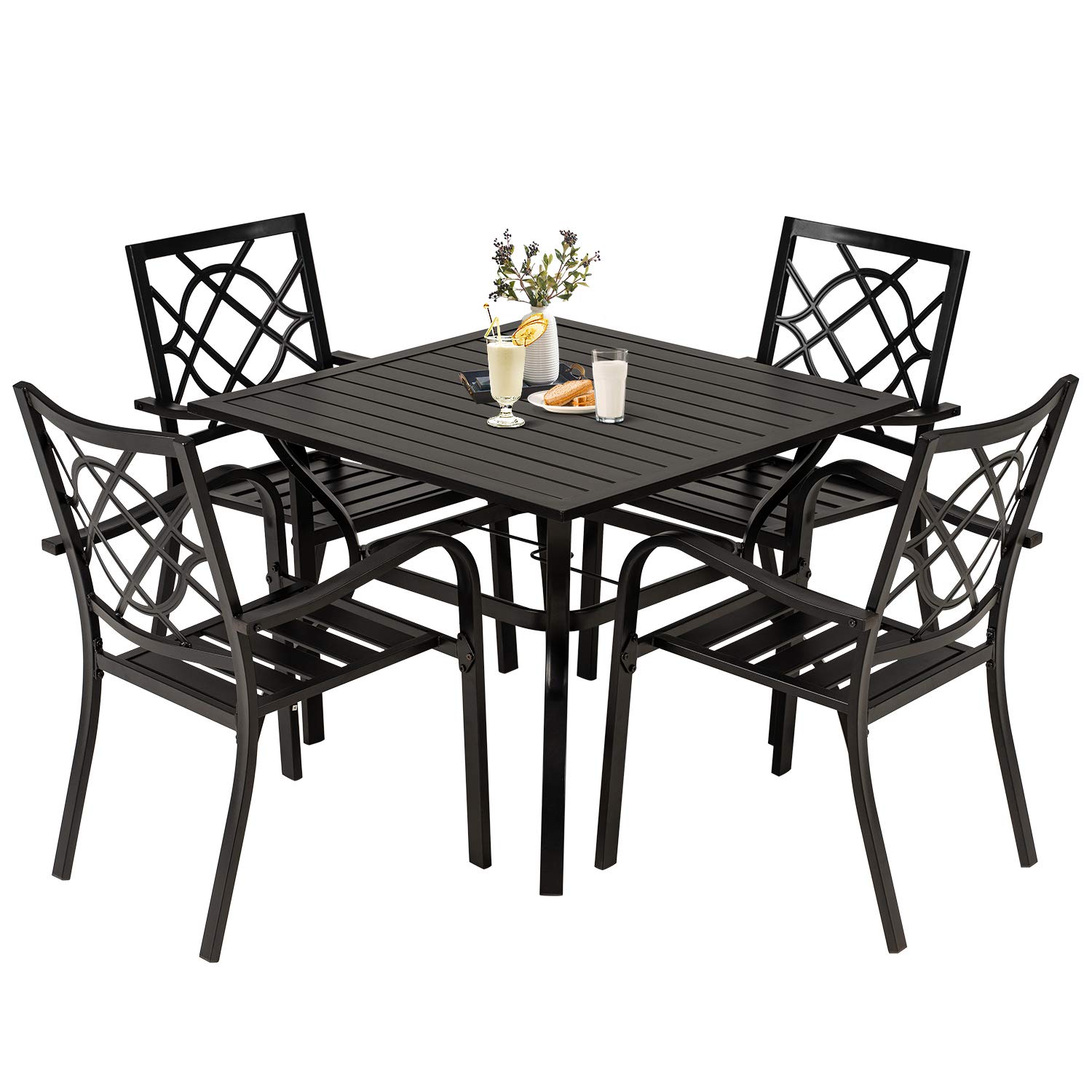 SOLAURA 5-Piece Outdoor Patio Dining Set - Black Wicker Bistro Table with 4 Stackable Chairs, 1.57