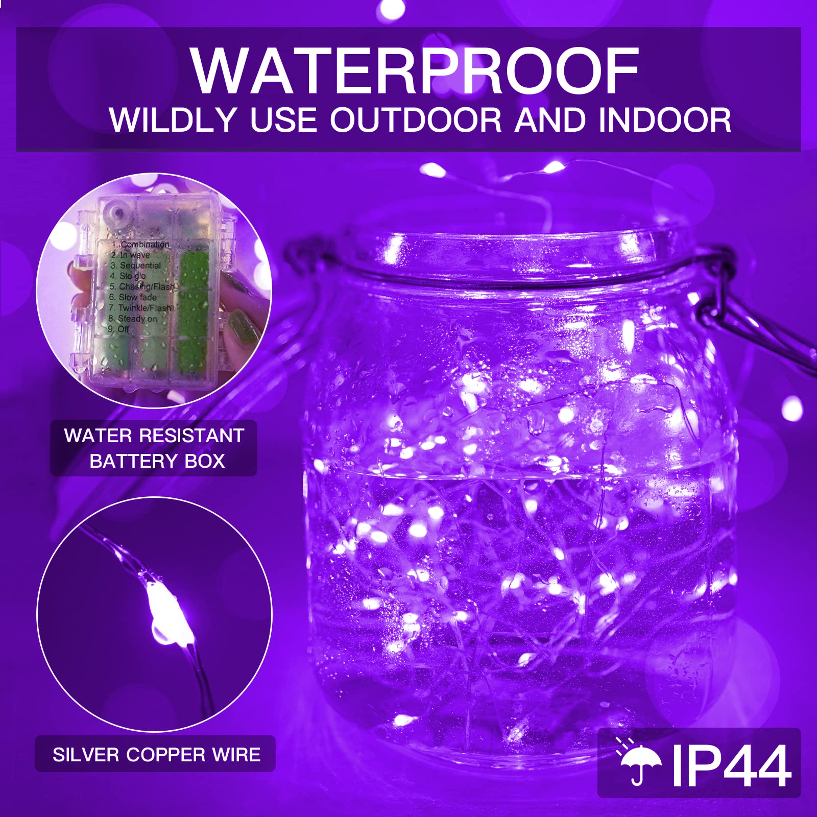 Suddus 66ft 200 LED Purple Christmas Lights Battery Operated - Waterproof Twinkle Fairy String Lights for Indoor Outdoor Decor, Christmas Tree, Garland, Bedroom, Backyard, Porch, Yard, Party, Wedding, Garden, Patio, Holiday Decorations