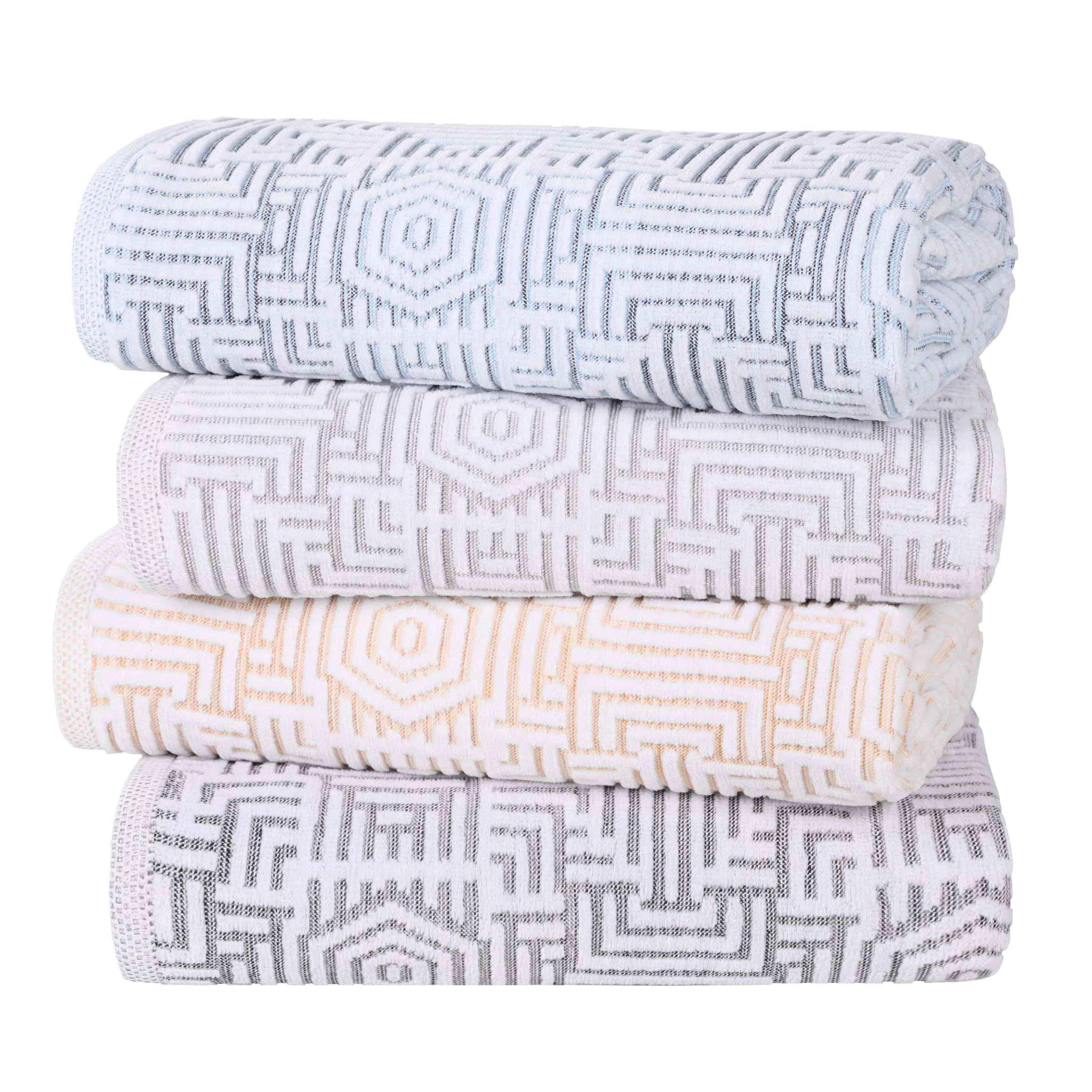 Premium Cotton Modern Geometric Jacquard Plush Bath Towel Set of 3 - Ultra Absorbent & Quick Dry - Luxury Spa, Bathroom & Beach Towels for Home & Travel