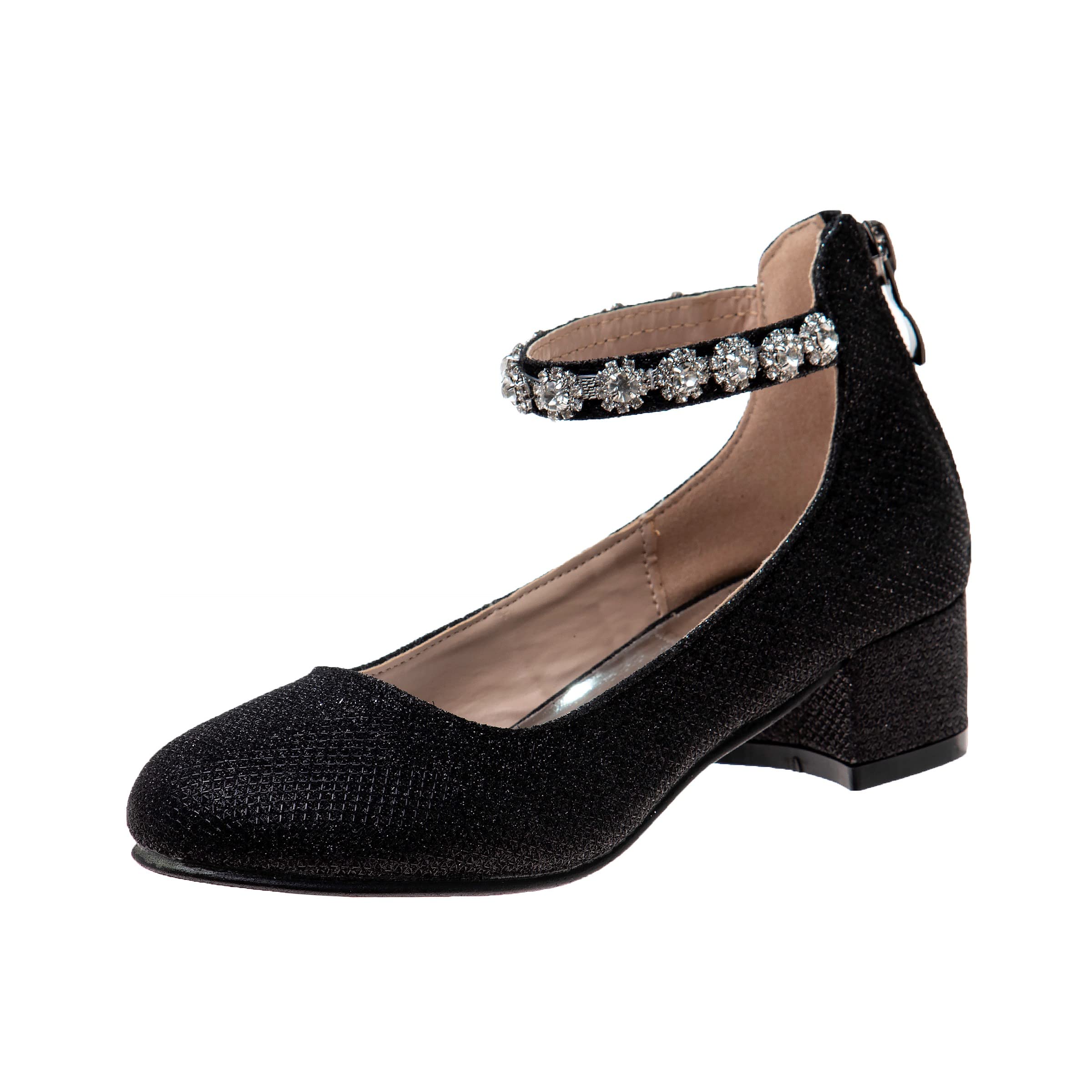Badgley Mischka Girls Dress Shoes | Medium Heel Party Pumps with Ankle Strap | Closed Toe High Heels for Kids | Black/Silver/Champagne/Rose Gold | Sizes 11-13 Little Kid & 1-5 Big Kid | Perfect for Weddings, Parties & Special Occasions