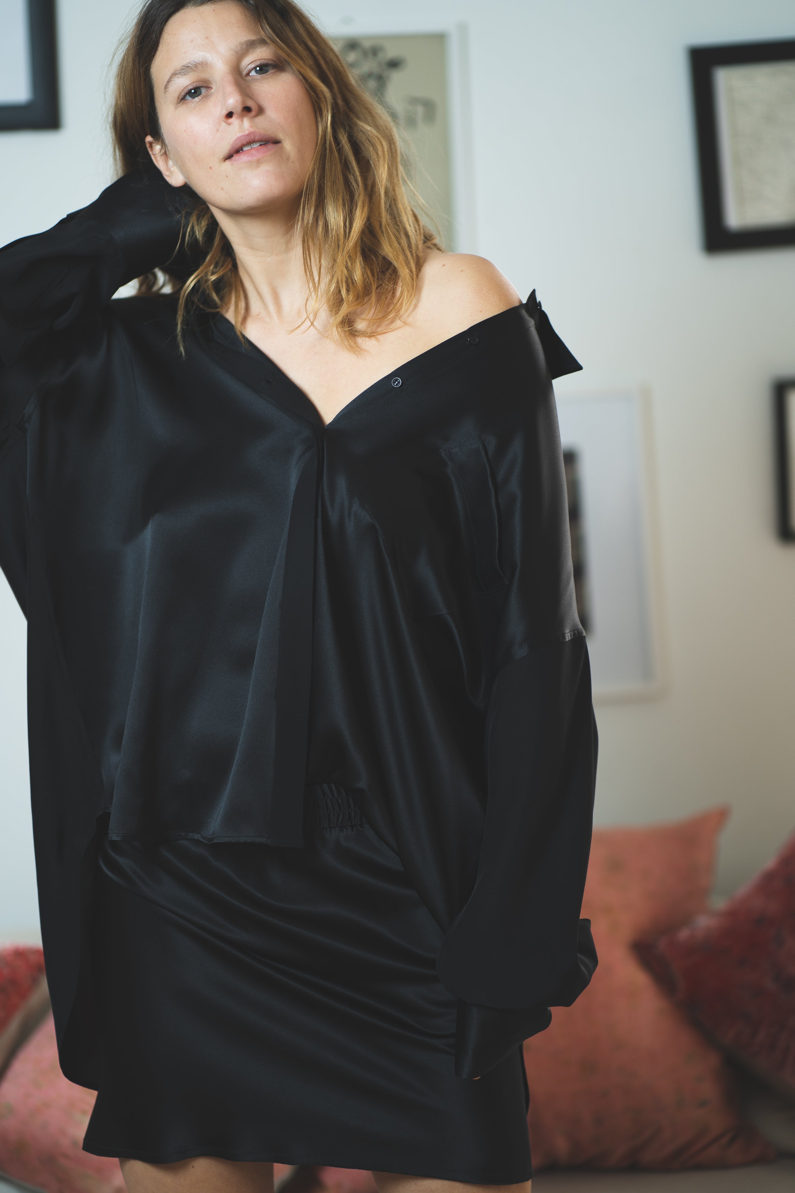 Oversized Button Down Silk Blend Shirt for Women - Black | Elegant & Comfortable Blouse for Work, Office, and Casual Outfits