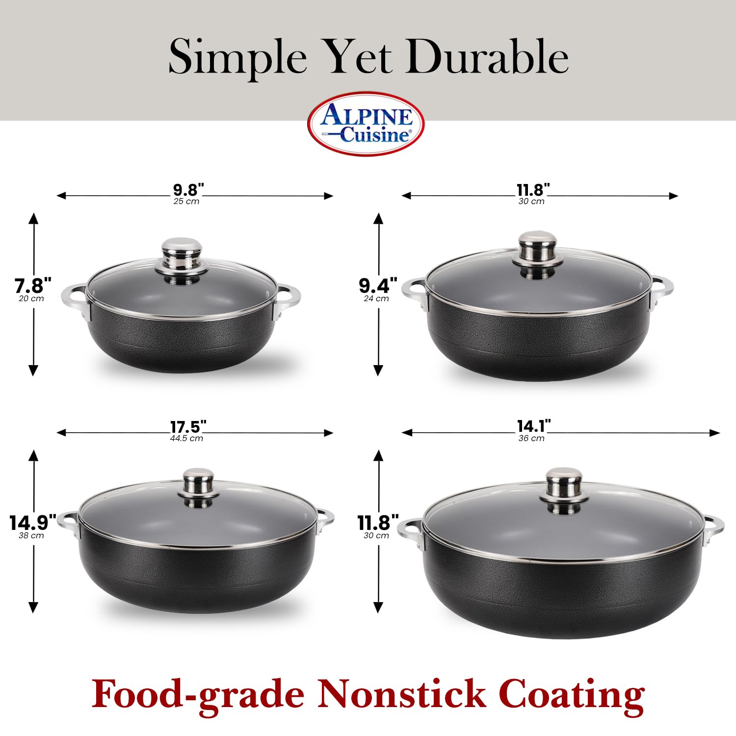 Alpine Cuisine 8-Piece Aluminum Non-Stick Caldero Stock Pot Set (2, 3.5, 7, 13 Quart) - Heavy Duty Cookware for Home Kitchen & Professional Chefs - Multipurpose Dutch Oven for Soups, Stews, Rice, Pasta & Braising - Perfect for Family Dinners, Meal Prep & Catering Events