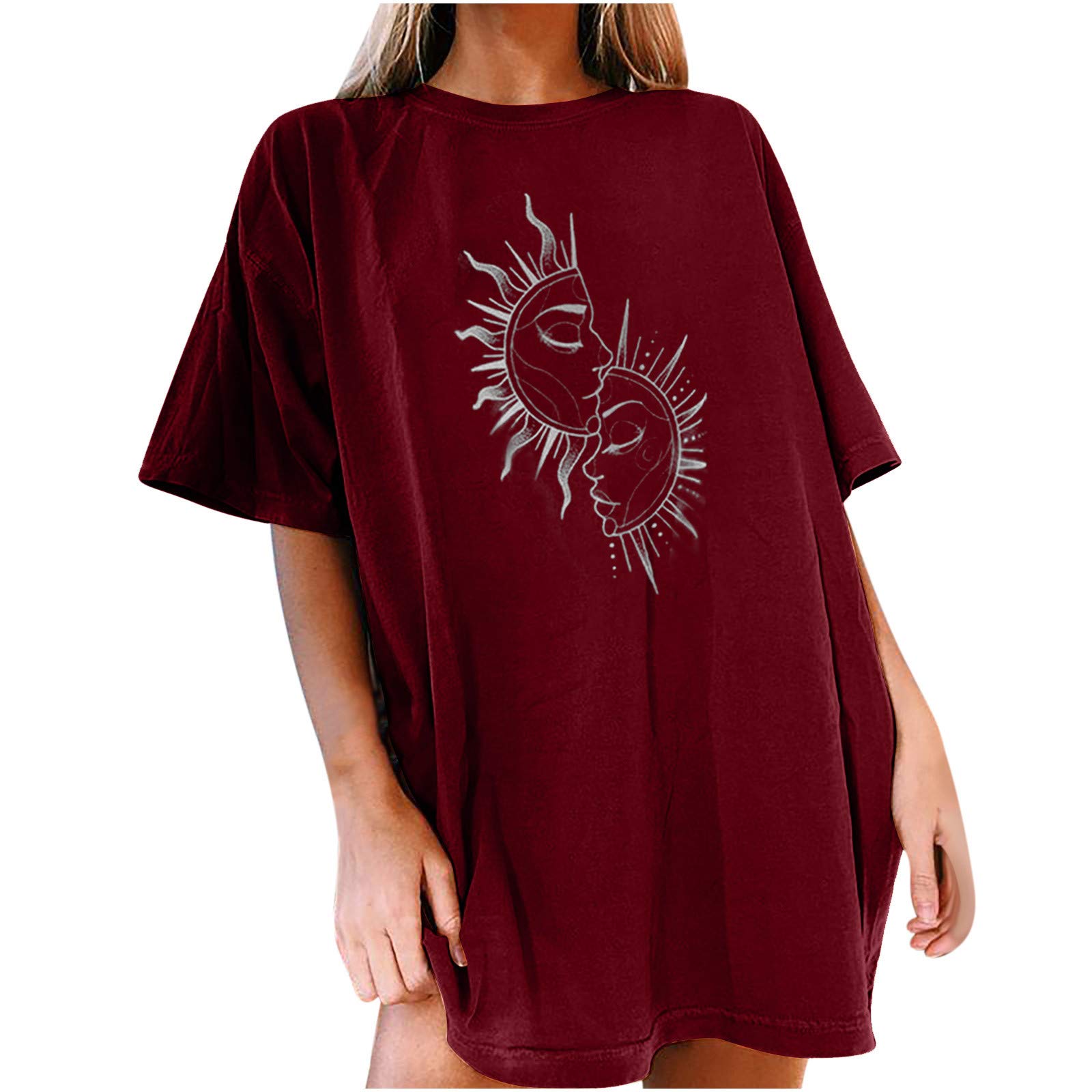Vintage Women's Summer Short Sleeve T-Shirt - Retro Sun Moon Print Casual Top, Loose Fit Drop Shoulder Pullover for Beach, Travel and Everyday Wear