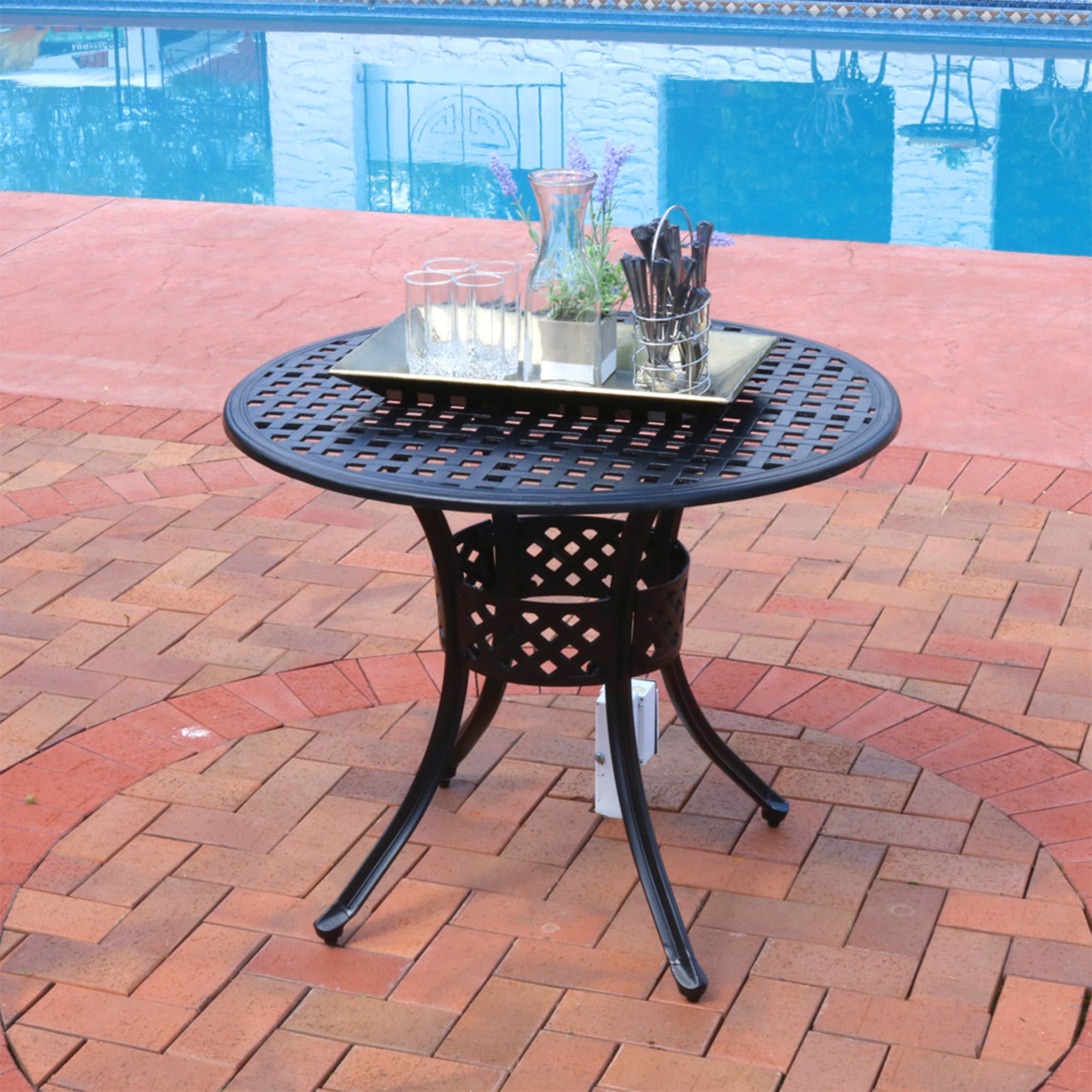 Sunnydaze 33-Inch Black Cast Aluminum Round Outdoor Dining Table - Patio, Garden, Poolside, Backyard Furniture for Dining and Entertaining