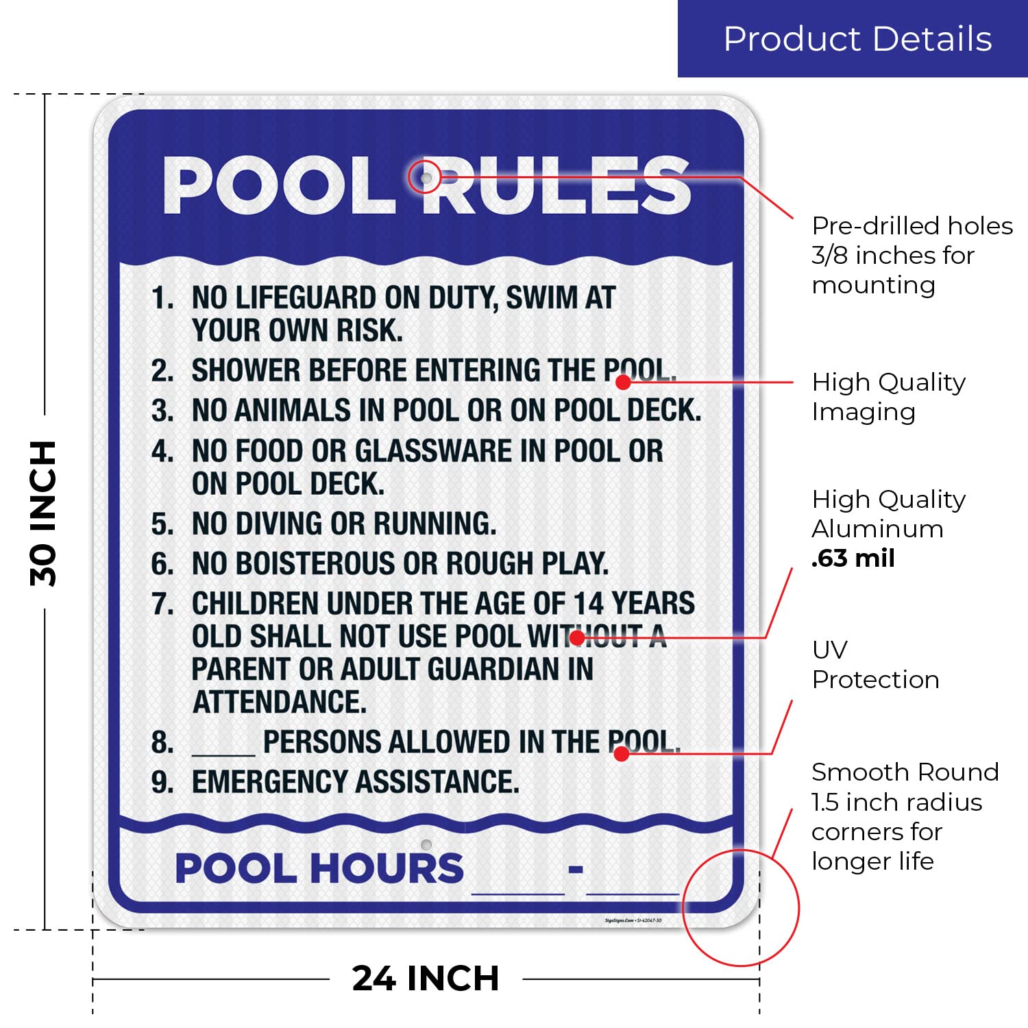 3M EGP Reflective Pool Rules Sign - 24x30 Inches, .080 Aluminum, Fade Resistant - Indoor/Outdoor Safety Sign for Backyard, Community Pools & Water Parks - Made in USA
