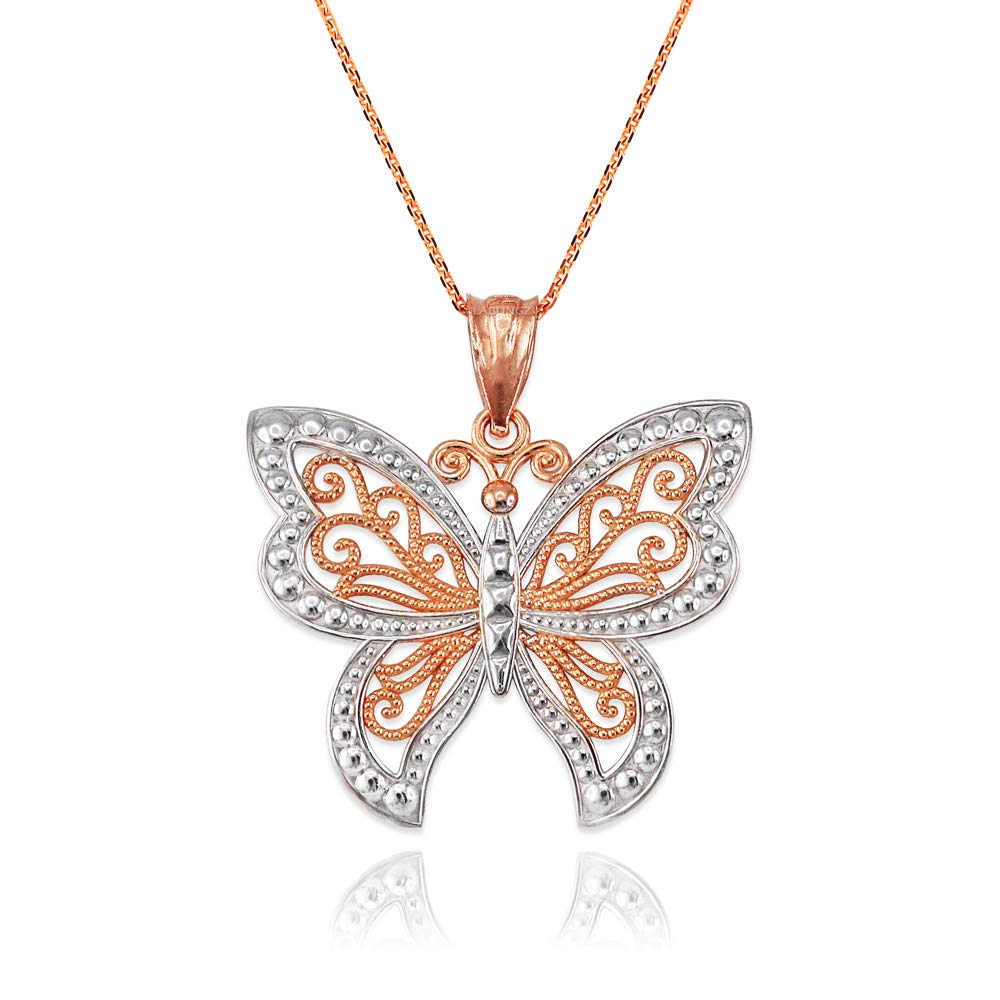 10K Rose Gold Filigree Butterfly Pendant Necklace for Women - Elegant Midsize Jewelry Gift for Birthday, Anniversary & Special Occasions