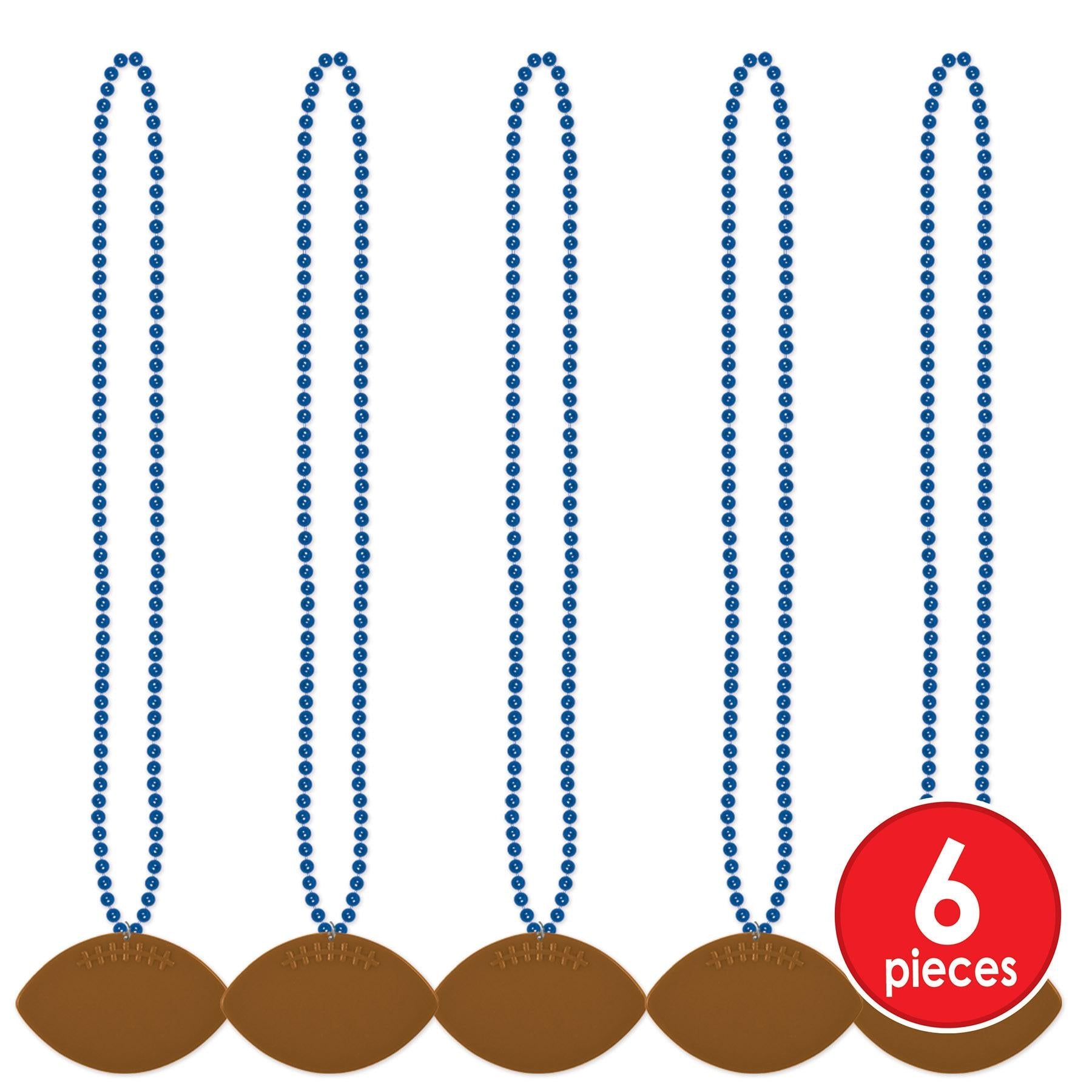 12 Pack Blue Party Bead Necklaces with Football Medallion - Bulk Mardi Gras Beads for Football Games, Super Bowl Parties & Festive Celebrations
