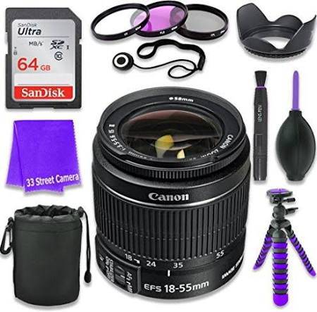 Canon EF-S 18-55mm f/3.5-5.6 IS II DSLR Camera Lens with 64GB Class 10 SD Memory Card & Accessories Kit - Perfect for Travel Photography, Vlogging, and Everyday Shooting