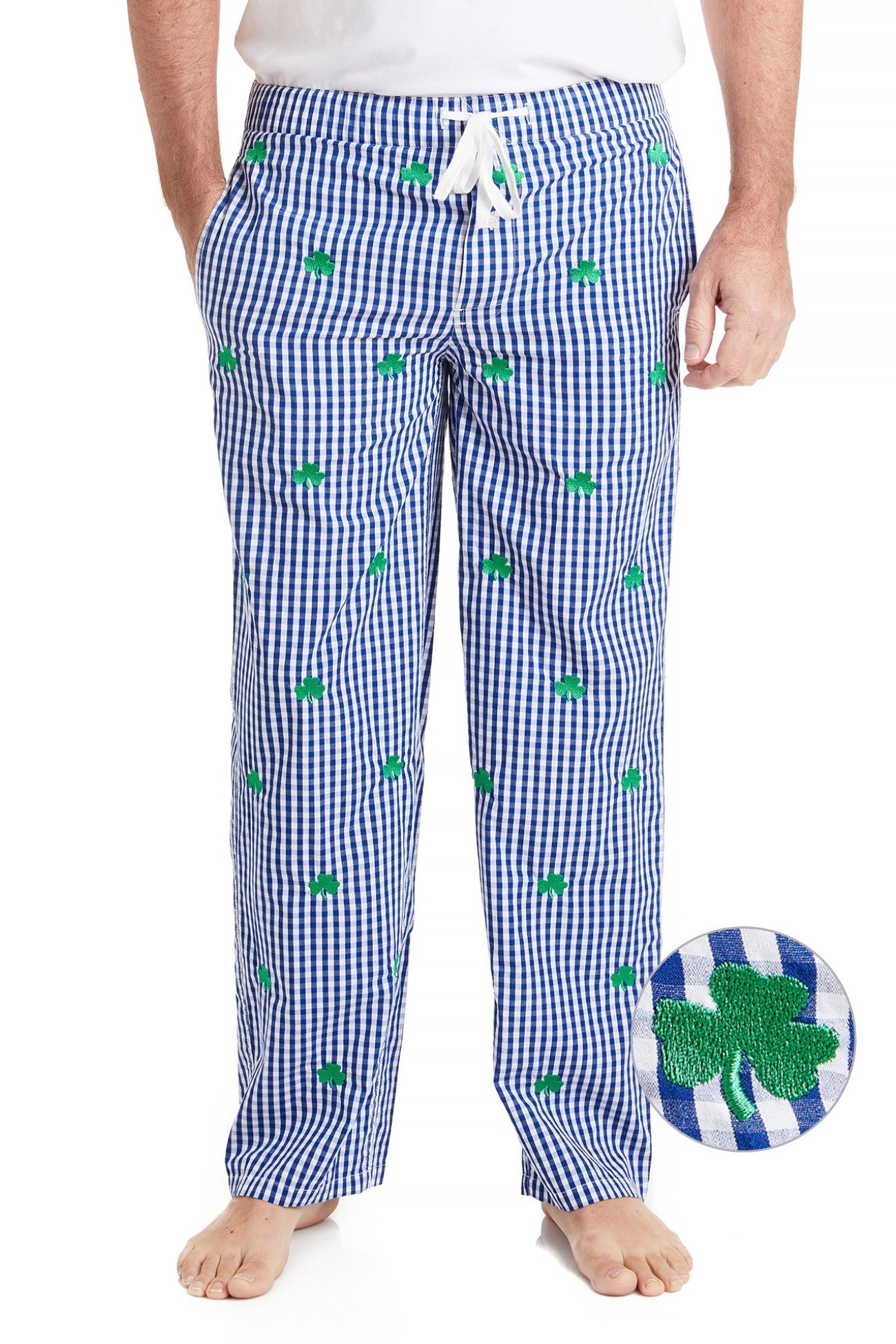Women's Wide Leg Sleep Pants - Soft Gingham Print with Shamrock Design | Cozy Lounge & Sleepwear for Home Relaxation