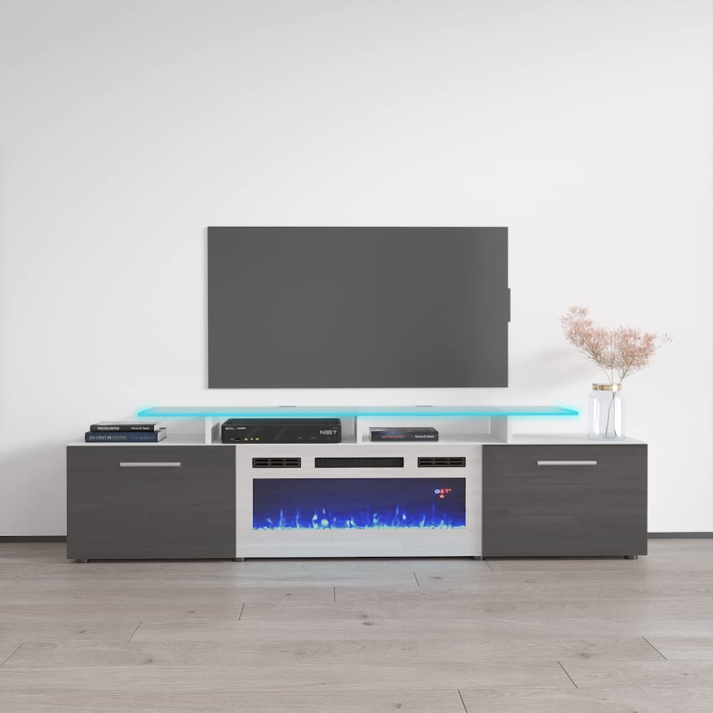 Modern High Gloss Rova WH-EF Fireplace TV Stand with Storage Cabinets & 16-Color LED Lights - White/Gray Entertainment Center for Living Room, Bedroom, Home Theater Setup
