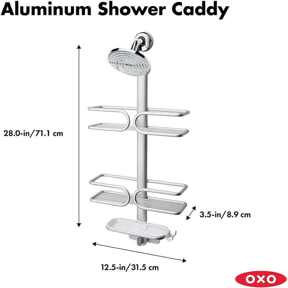 OXO Good Grips 3-Tier Aluminum Shower Caddy Organizer - Rustproof Bathroom Storage for Shampoo, Conditioner & Soap - Perfect for Showers, Bathtubs & Dorm Rooms