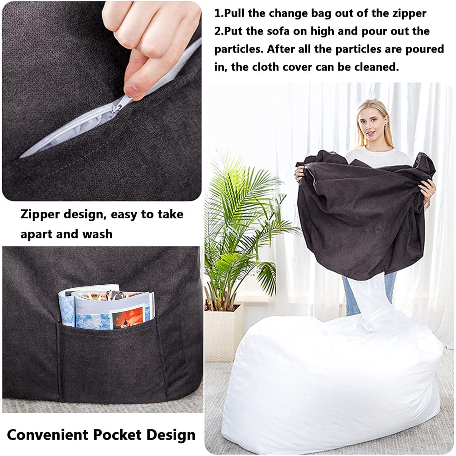 HWOEK Lazy Sofa Cover Bean Bag Chair with Footstool - High Back Lounger for Adults & Kids (No Filler) - Soft Washable Beanbag Chair Cover - Perfect for Living Room, Bedroom & Game Room - Gray